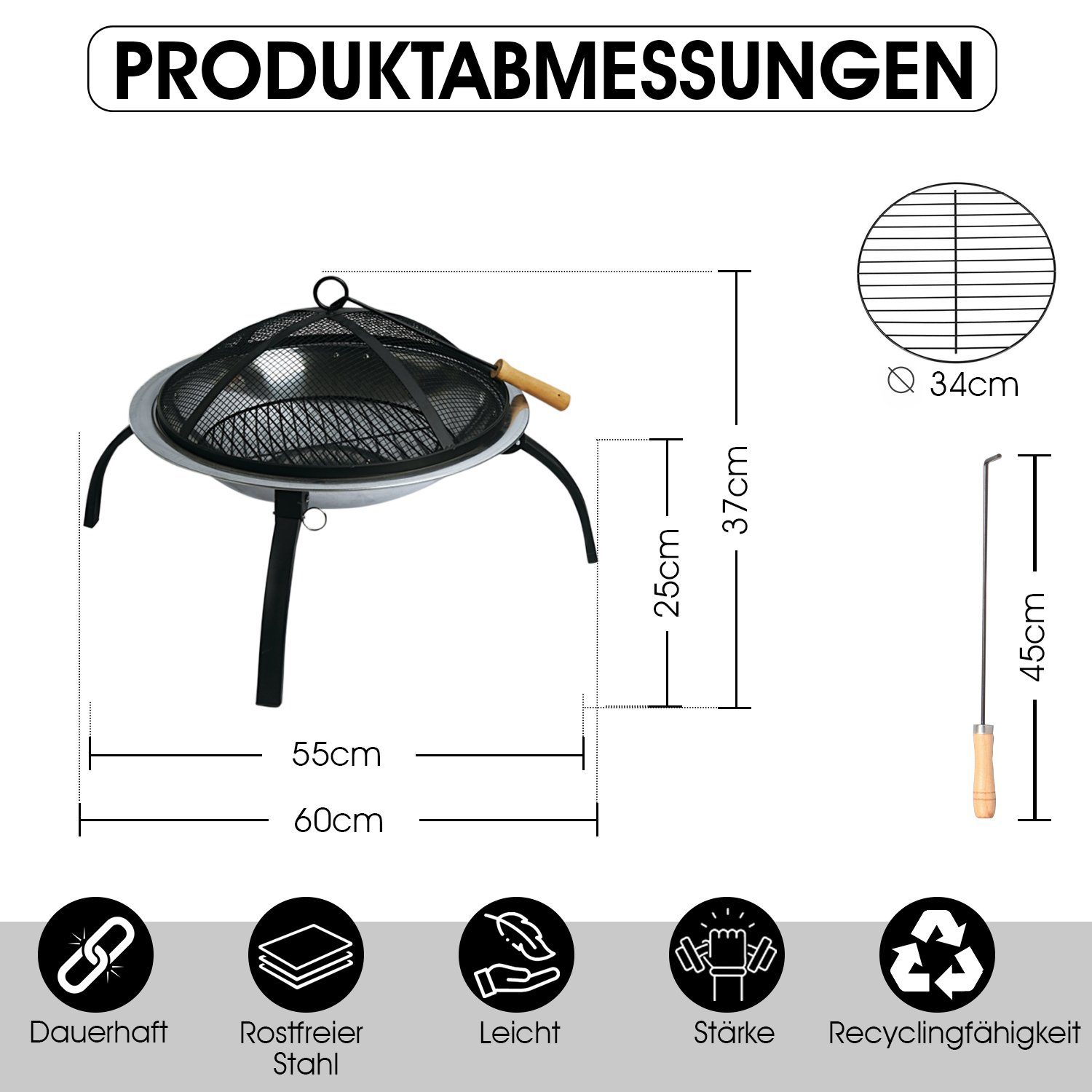 Defactoshop Feuerschale Feuerschale Edelstahl Ø 58cm Feuerhaken Funkenfluggitter Grill, Ø 58cm