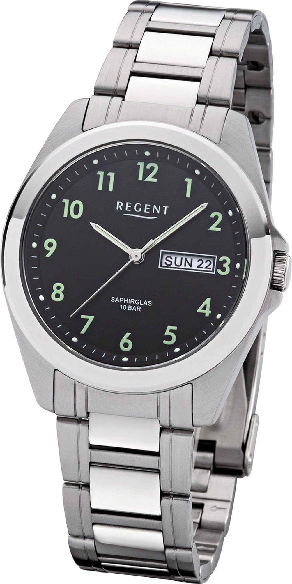 Regent Quarzuhr Regent Metall Herren Uhr F-1186 Analog, Herrenuhr Metallarmband silber, rundes Gehäuse, mittel (ca. 38mm)