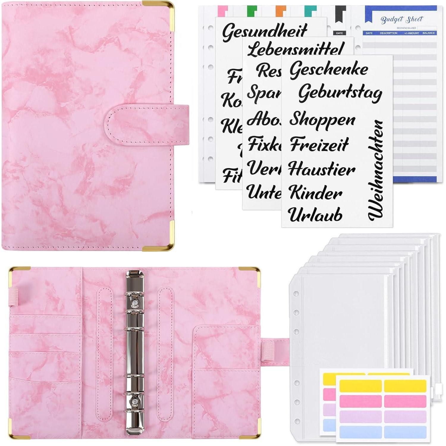 Bankordner Budget Planner A6 mit Geldumschläge und 12 Budgetblätter, rosa