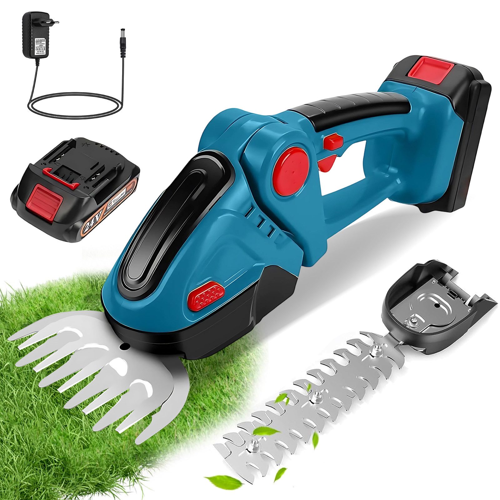 AKKEE Akku-Grasschere Akku Heckenschere 2-in-1 Akku-Grasschere mit 1500mAh Batterien, Doppelschalter