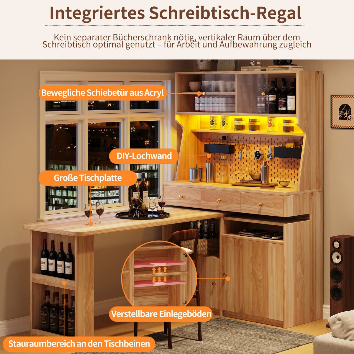 Odikalo Küchenbuffet Küchenschrank Buffetschrank mit Schreibtisch & LED (Multifunktionaler Stehschrank mit LED-Beleuchtung und App-Steuerung, Glastüren verstell – Bild 4 von 5