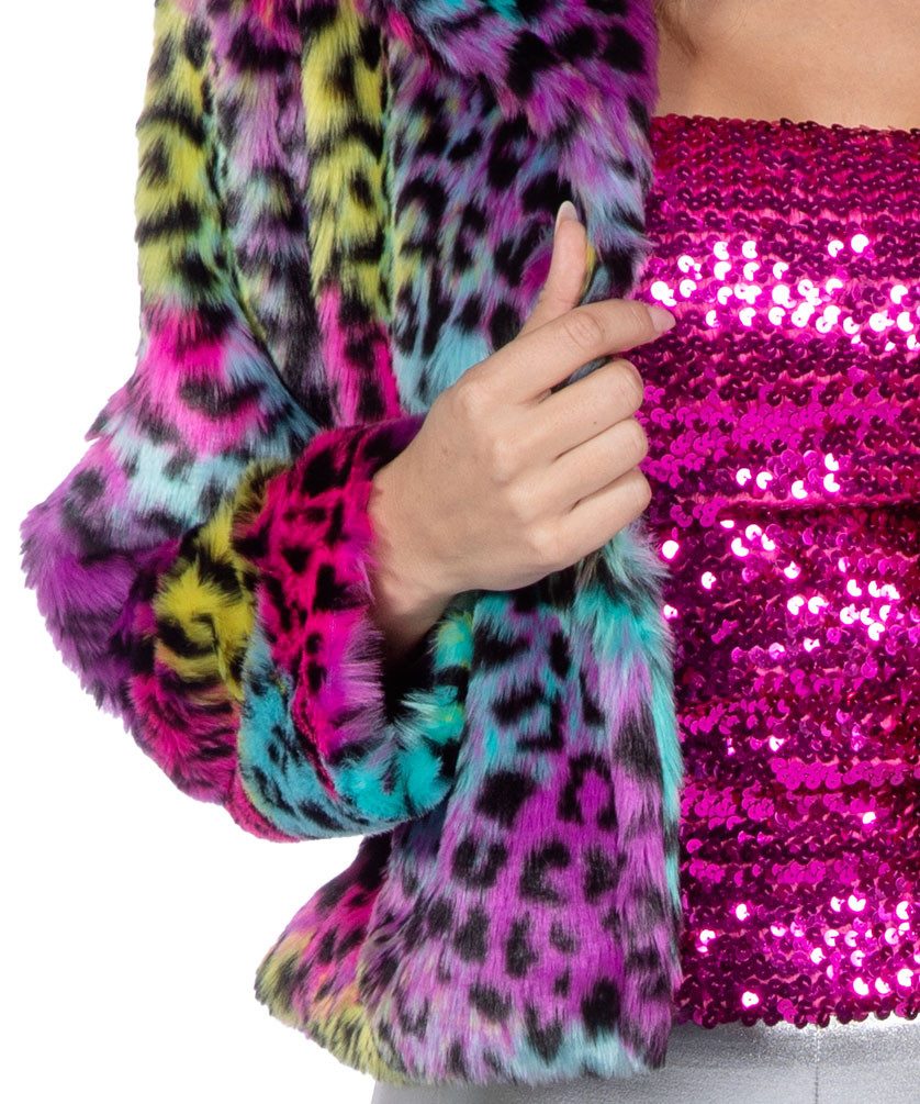 Karneval-Klamotten Kostüm Festival Pelzjacke kurz panther multicolour Damen, Bunte Jacke mit Panter Druck Motto Party 80er Bad Taste Frauenkostüm