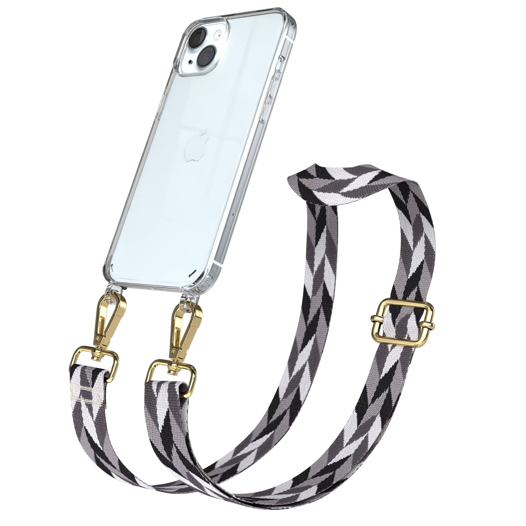 EAZY CASE Handykette Umhängeband für Apple iPhone 15 Plus 6,7 Zoll, Handy Grau-Schwarz Mix Necklace Hülle mit langem Band