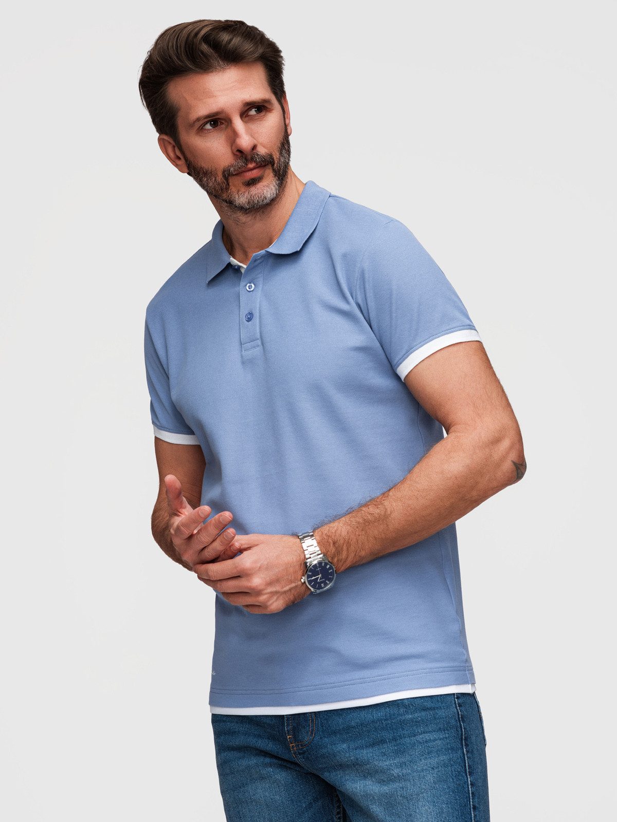 T-Shirt Herren Slim-Fit T-Shirt mit Polo-Kragen Blau XL