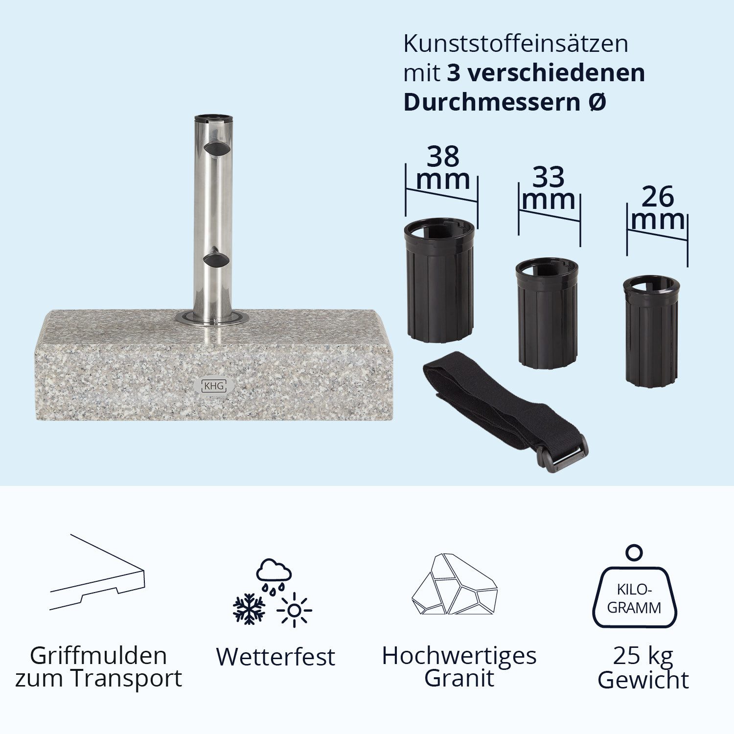 KHG Betonschirmständer Sonnenschirmständer aus Granit grau rechteckig, 4 tlg., mit Einsätzen für alle gängigen Schirmgrößen 26 - 33 - 38 mm