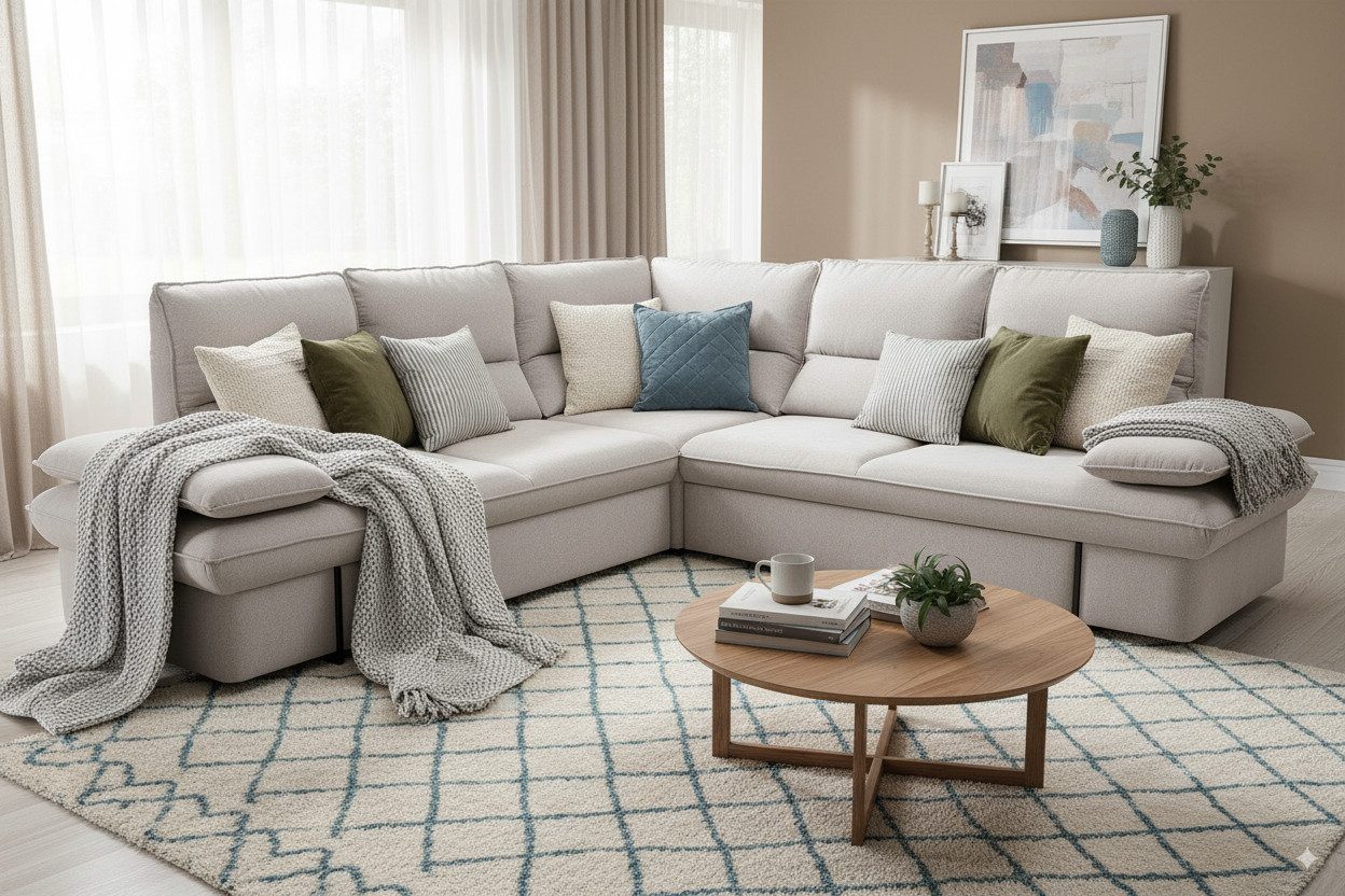 Goldstoff Ecksofa mit Schlaffunktion & Stauraum - Modernes Sofa in U Form - MORRIS Grau, mit Relaxfunktion