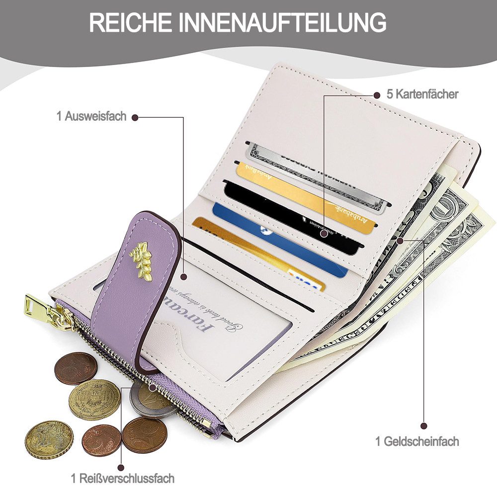 Zaewry Geldbörse Kleine Damen Geldbörse, niedliches Blumenmuster, RFID Portemonnaie, Kompakte Geldbörse mit Münzfach, Kartenhalter und Reißverschlusstasche