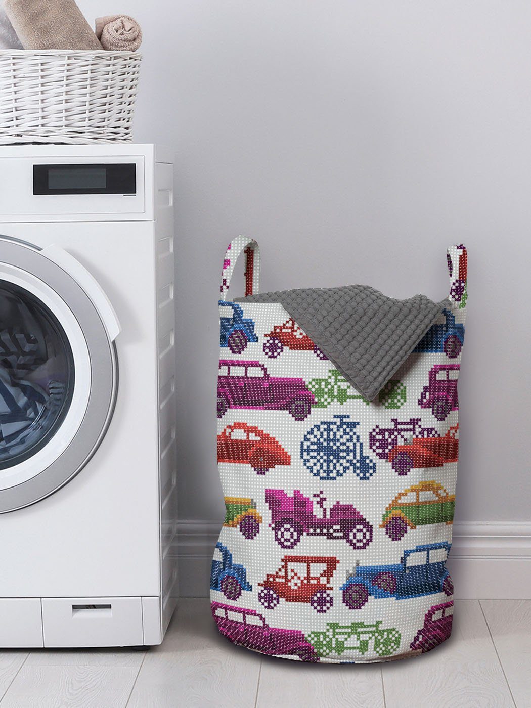 Abakuhaus Wäschesäckchen Wäschekorb mit Griffen für Bunte Autos Rhythmische Autos Kordelzugverschluss Waschsalons