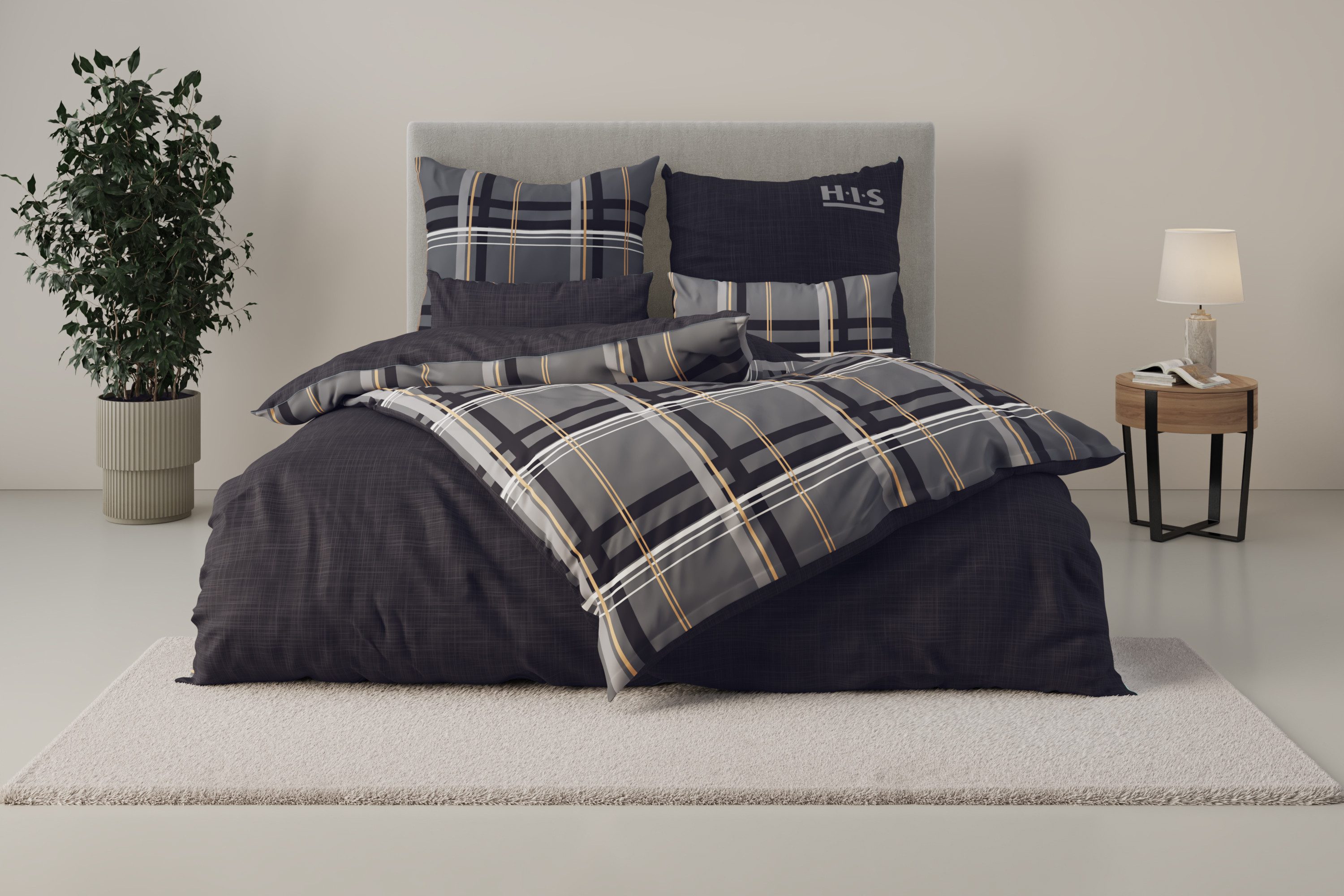 H.I.S Wendebettwäsche Talin, Linon, 2 teilig, NEUHEIT in Gr. 135x200 oder 155x220 cm, 100% Baumwolle, Karo-Design