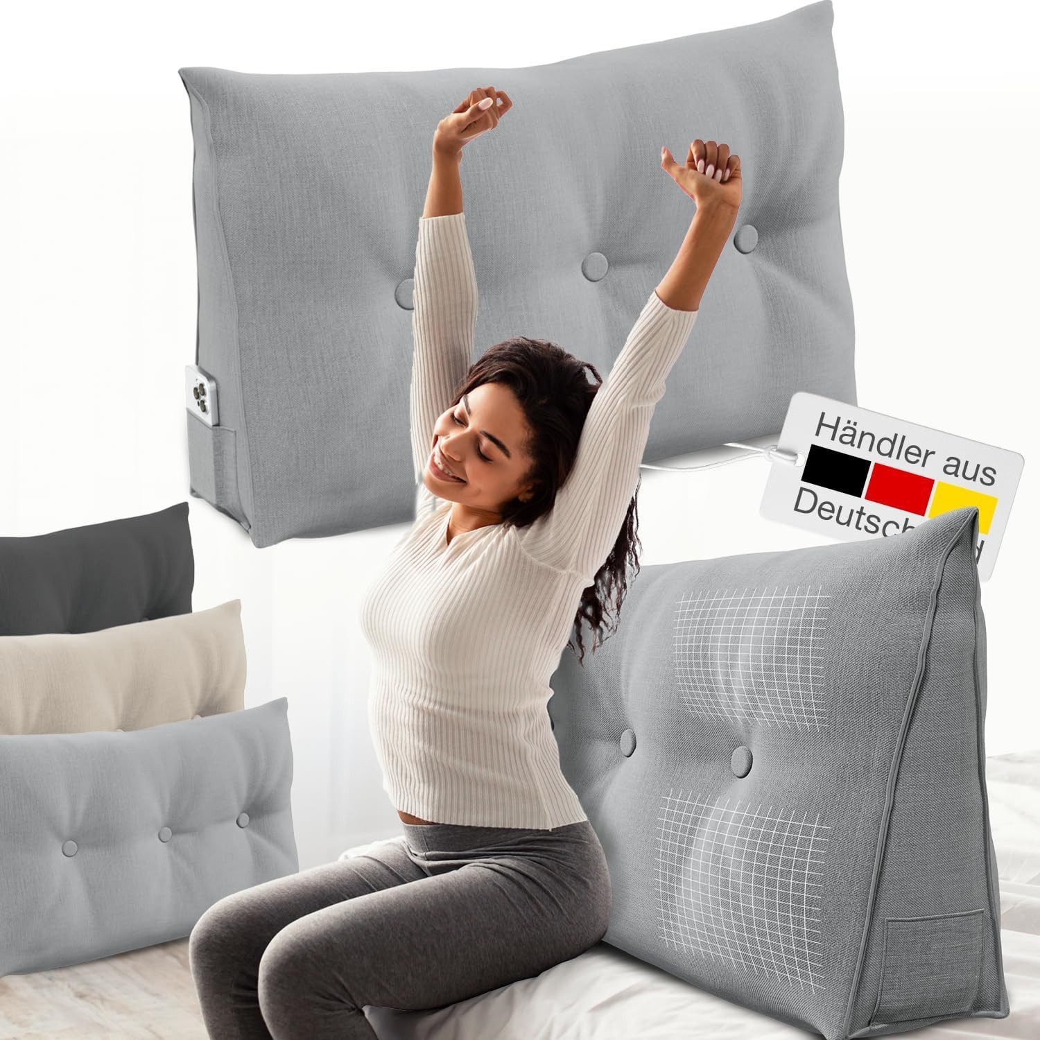 ELONEO Rückenkissen Lesekissen für Sofa und Bett, 1-tlg., mit praktischem Seitenfach, Lesekissen, mit waschbarem Bezug