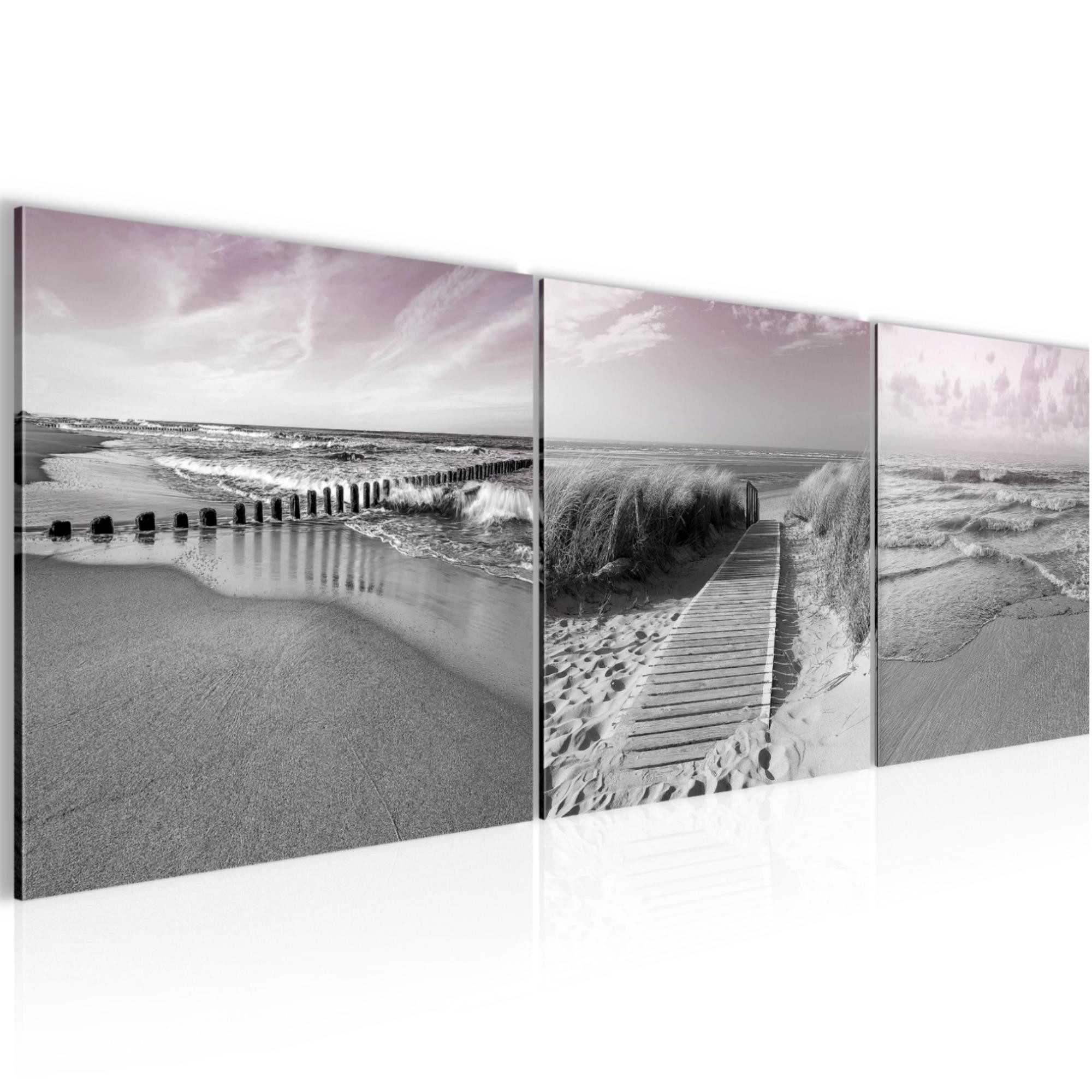 Runa Art Wandbild Bilder Strand 120 x 40 cm auf Vlies Leinwand Grau Rosa 028033b, 120L x 40B cm