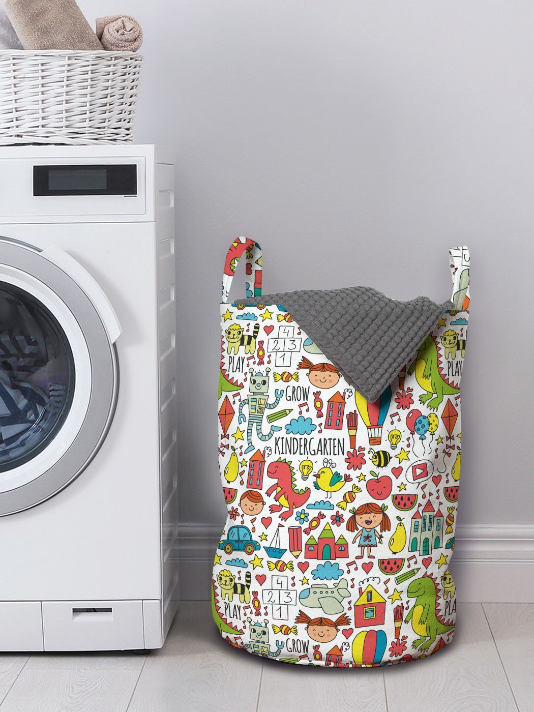 Abakuhaus Wäschesäckchen Wäschekorb mit Waschsalons, Kite für Kordelzugverschluss Griffen Dinosaurier-Roboter-Katze Karikatur