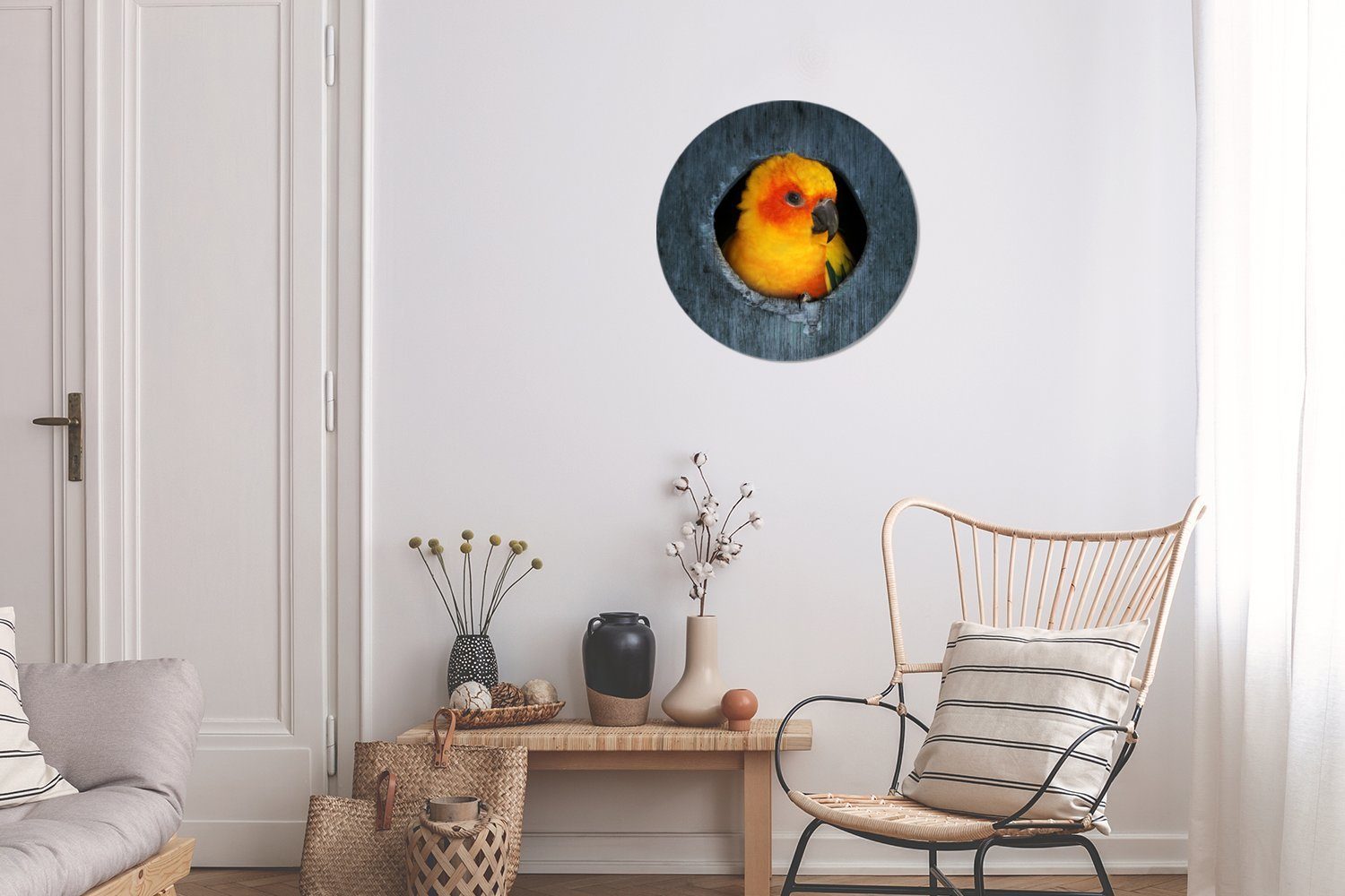 MuchoWow Gemälde Wohnzimmer, Wandbild, Kreis 30x30 Sonnensittich in einem Forex, sitzt cm Wanddekoration in einem Ein (1 Rundes St), Nest Baum