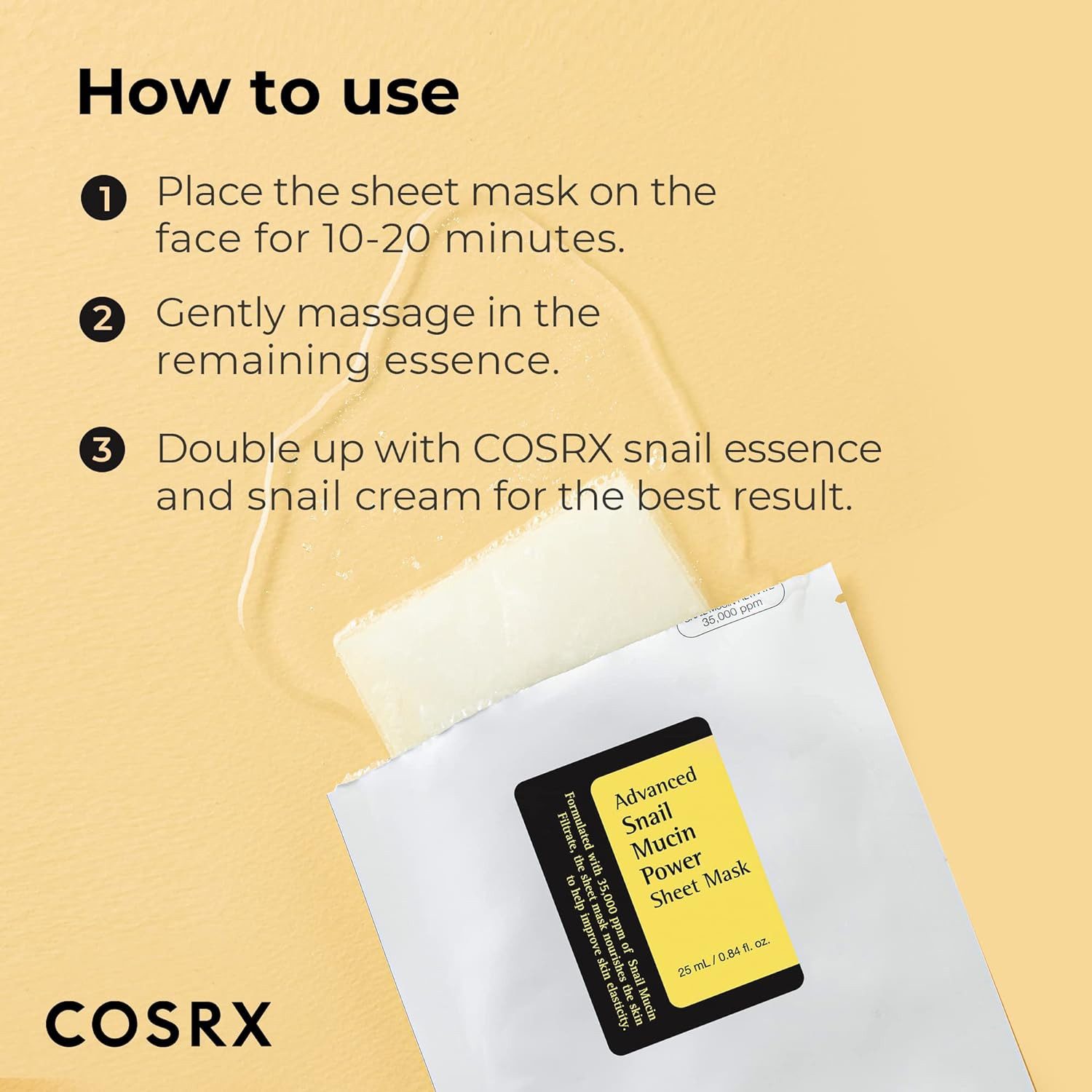 Cosrx Gesichtsmaske Advanced Snail Mucin Power Essence Sheet Mask – Intensiv feuchtigkeitsspendende Tuchmaske mit 35.000 ppm, Schneckenschleim für eine glatte, strahlende Haut