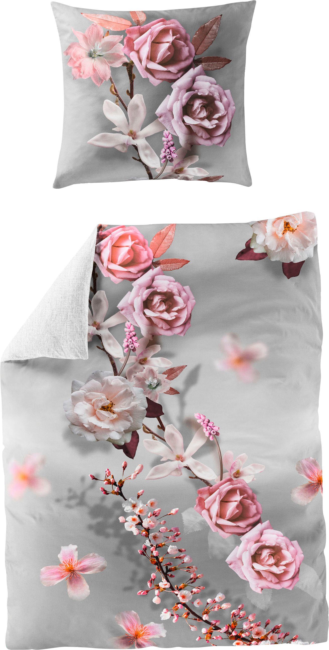 Wendebettwäsche Pink Rose, BIERBAUM, Mako-Satin, 2 teilig, mit floralem Print