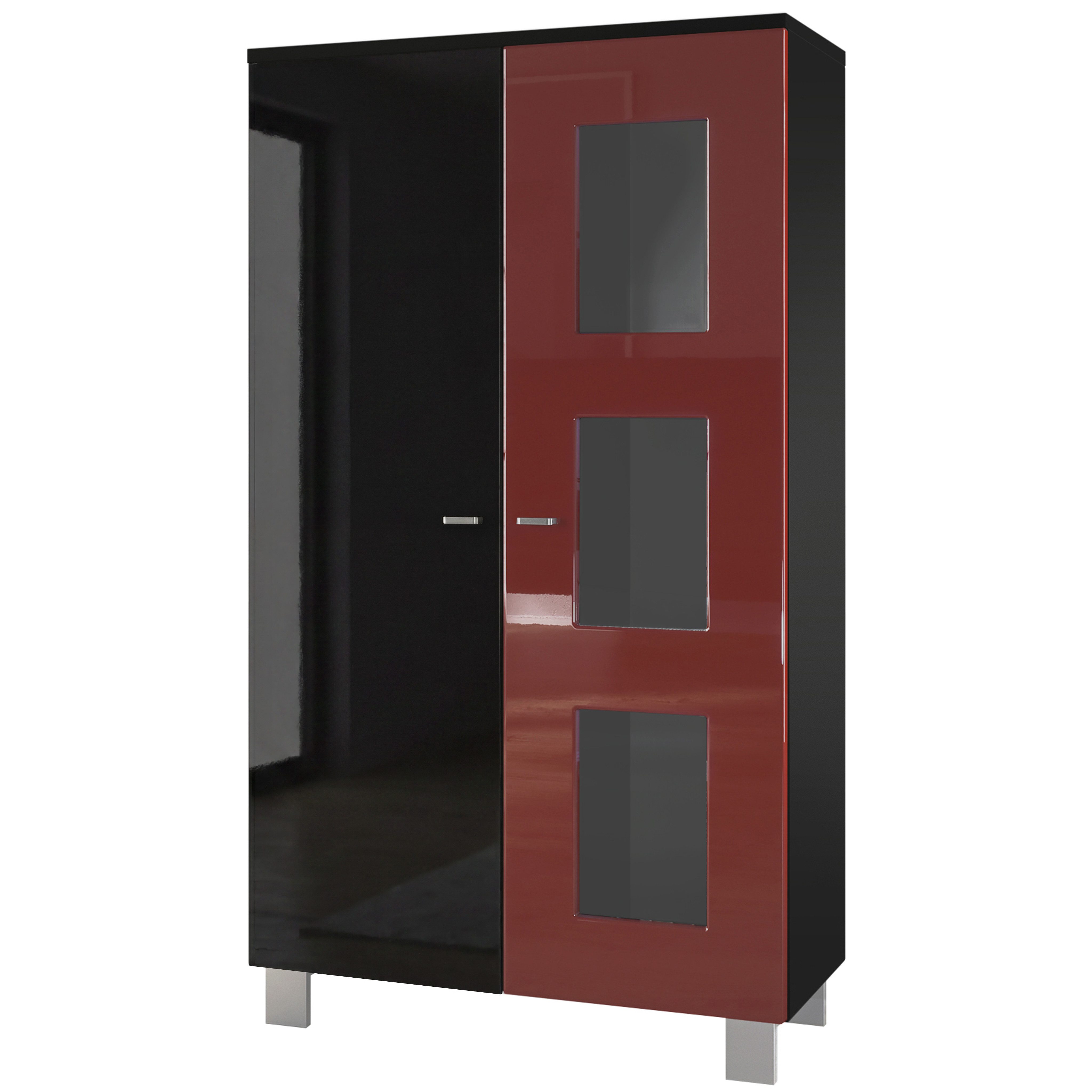 Vladon Standvitrine Denjo (Standvitrine, mit 2 Türen und 3 Glaseinsätzen) Schwarz matt/ Schwarz Hochglanz/ Bordeaux Hochglanz (71 x 129 x 35 cm)