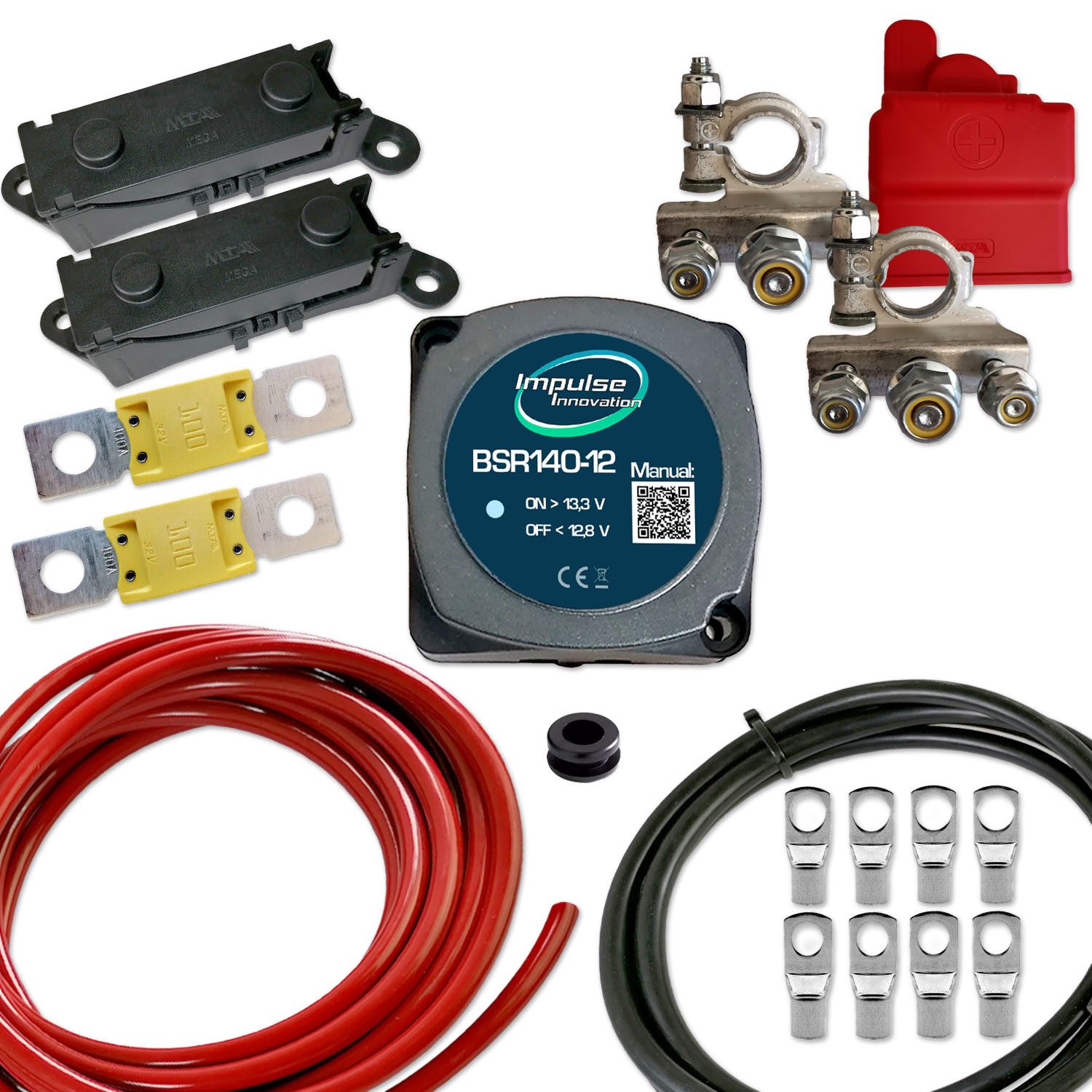 Impulse Innovation Batterie-Trennrelais Automatik Trennrelais Set 12V, 3,5m 25mm² Kabel, 3-fach Polklemmen
