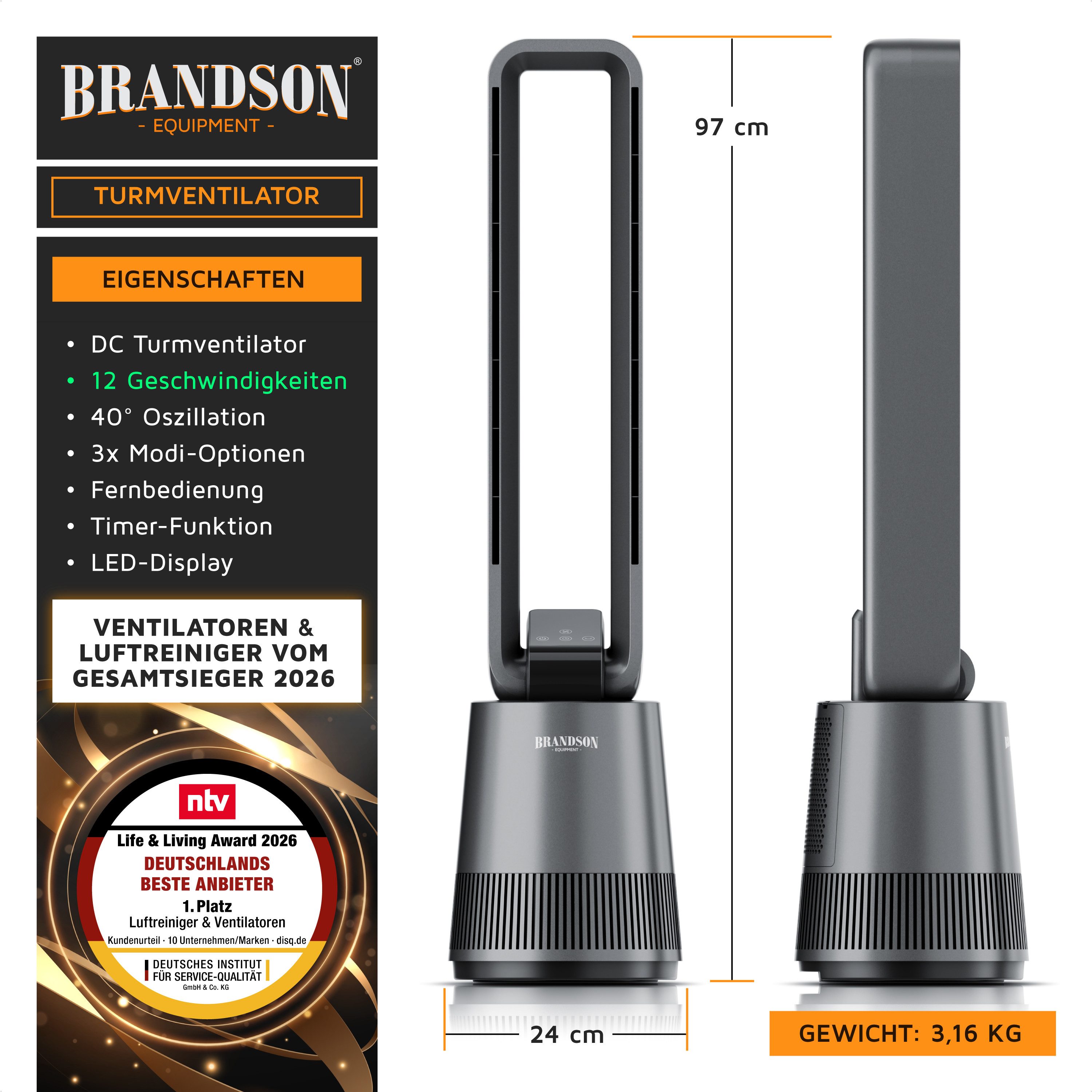 Brandson Turmventilator Oszillation 40°, DC-Motor, Fernbedienung, Timer, Säulenventilator 97cm, NTV Sieger 2026, 12 Stufen, 3 Modi, Touch-Bedienung, leise, rotorlos