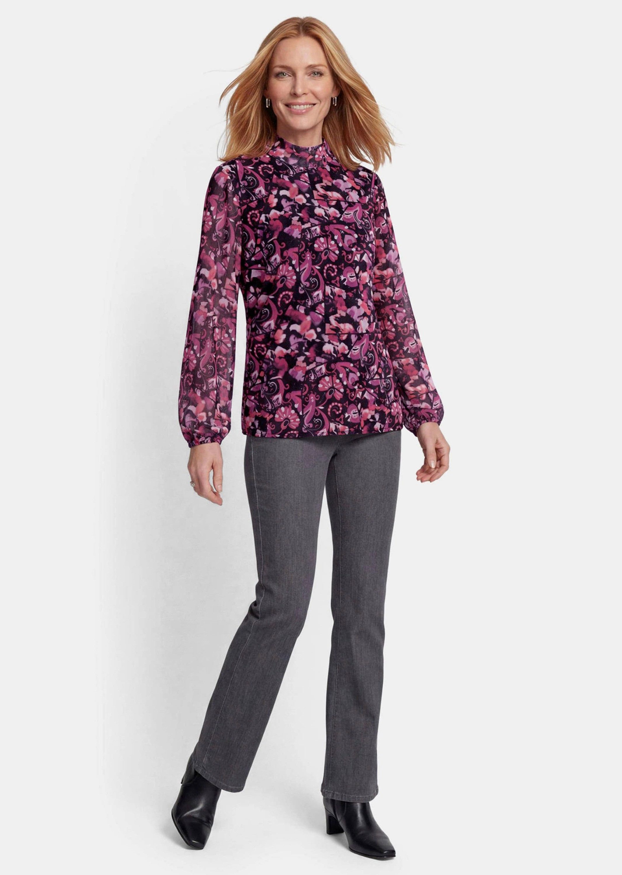GOLDNER Print-Shirt Kurzgröße: Mesh-Shirt mit Paisley-Druck Leichtes Mesh-Shirt mit Stehkragen, floralem Druck und Jerseyfutter