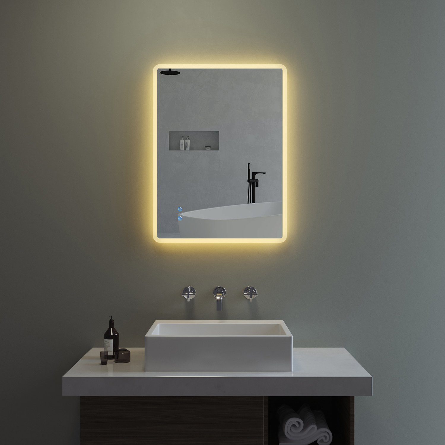 AQUABATOS LED-Lichtspiegel LED Badspiegel mit 140x70cm Schalter, 6400K Warmweiß (Lichtspiegel Antibeschlag, Dimmbar, und Badezimmerspiegel Touch Beleuchtung Kaltweiß Wandspiegel 3000K), 80x60cm Energiesparend 100x70cm