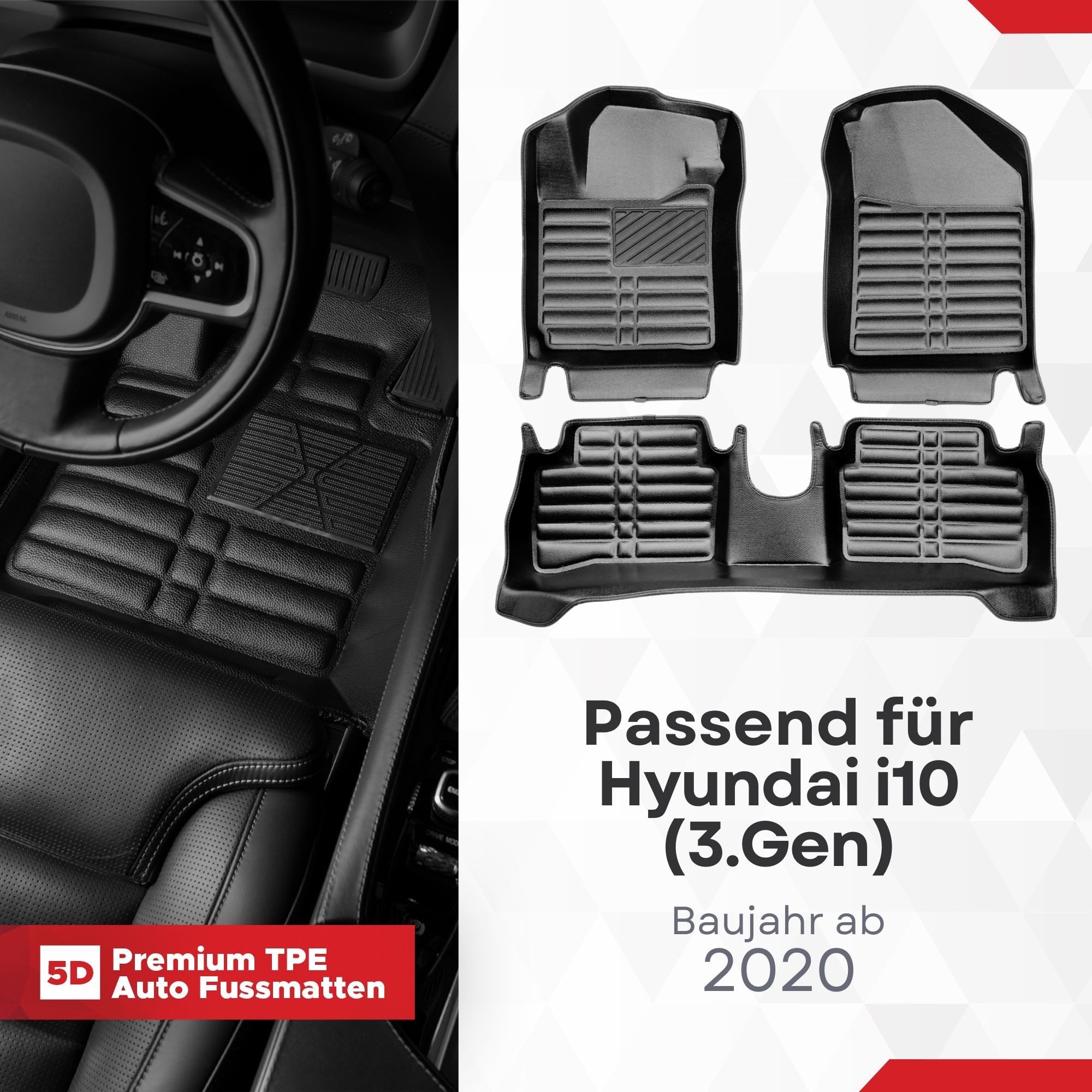 fussmattenprofi.com Auto-Fußmatte 5D Premium Auto Fußmatten TPE Set für Hyundai i10 (3.Gen) ab 2020 (1 St), für Hyundai Hyundai i10