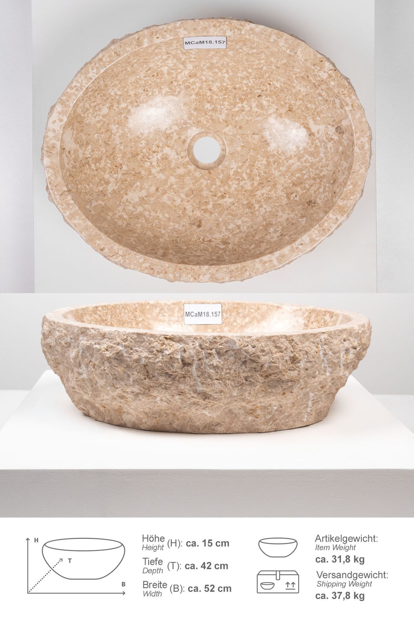 wohnfreuden Aufsatzwaschbecken Erosi Marmor Waschbecken 50 cm creme (Kein Set), 125881_MCaM18.157