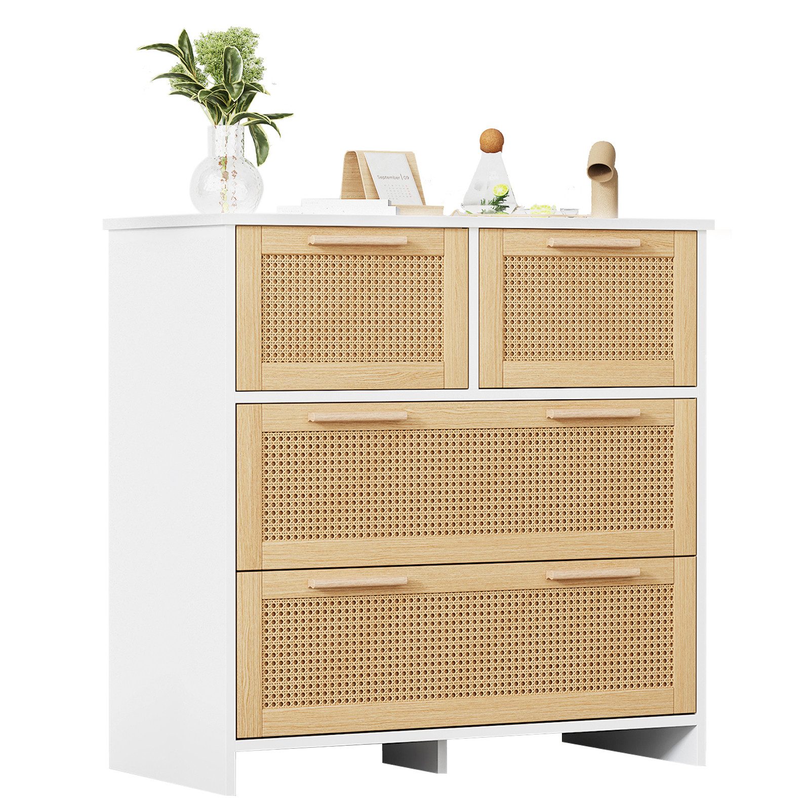 Yorbay Sideboard Kommode mit 4 Schubladen mit Rattan-Design, 80x80x38cm (Modern Schubladenkommode Schrank mit Griffen), geeignet für Schlafzimmer, Wohnzimmer, Arbeitszimmer, Flur