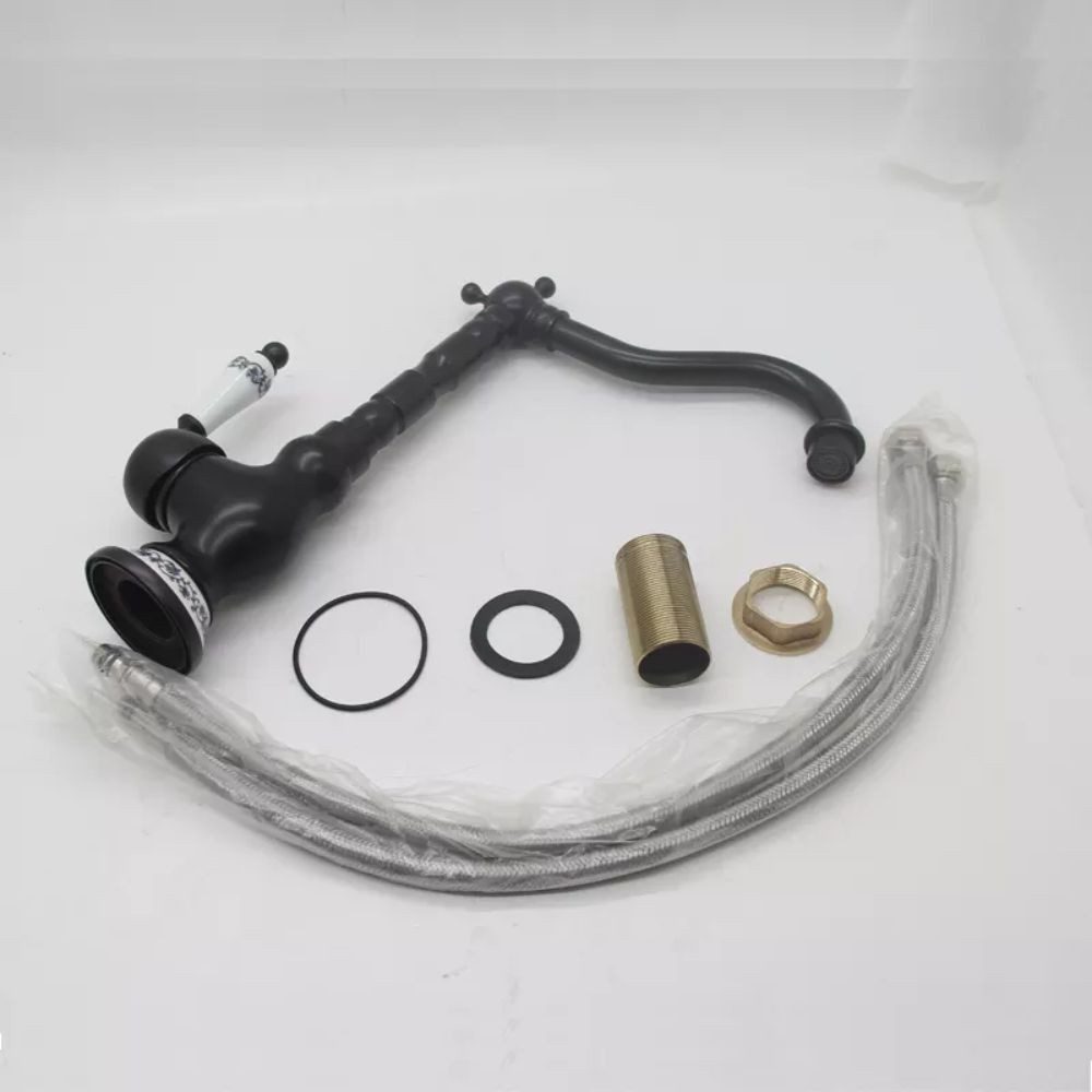 Kinaree Badarmatur Retro Wasserhahn FORAM Messing, schwarz, Keramik mit Malerei