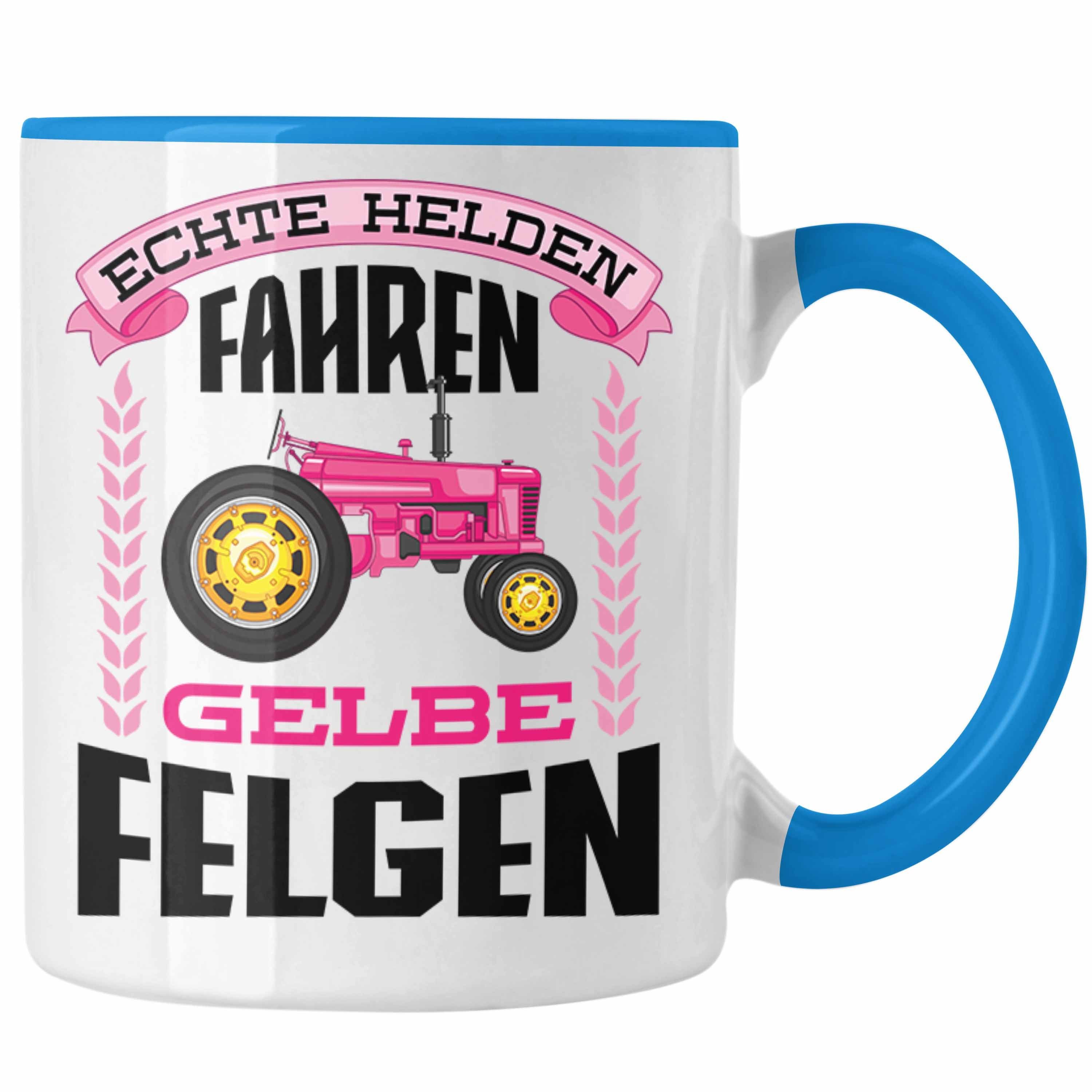 Trendation Tasse Trendation - Landwirtin Spruch Frau Geschenk Tasse Landwirtschaft Geschenke für Männer Traktor Spruch Kaffeetasse Echte Felgen Blau | Teetassen