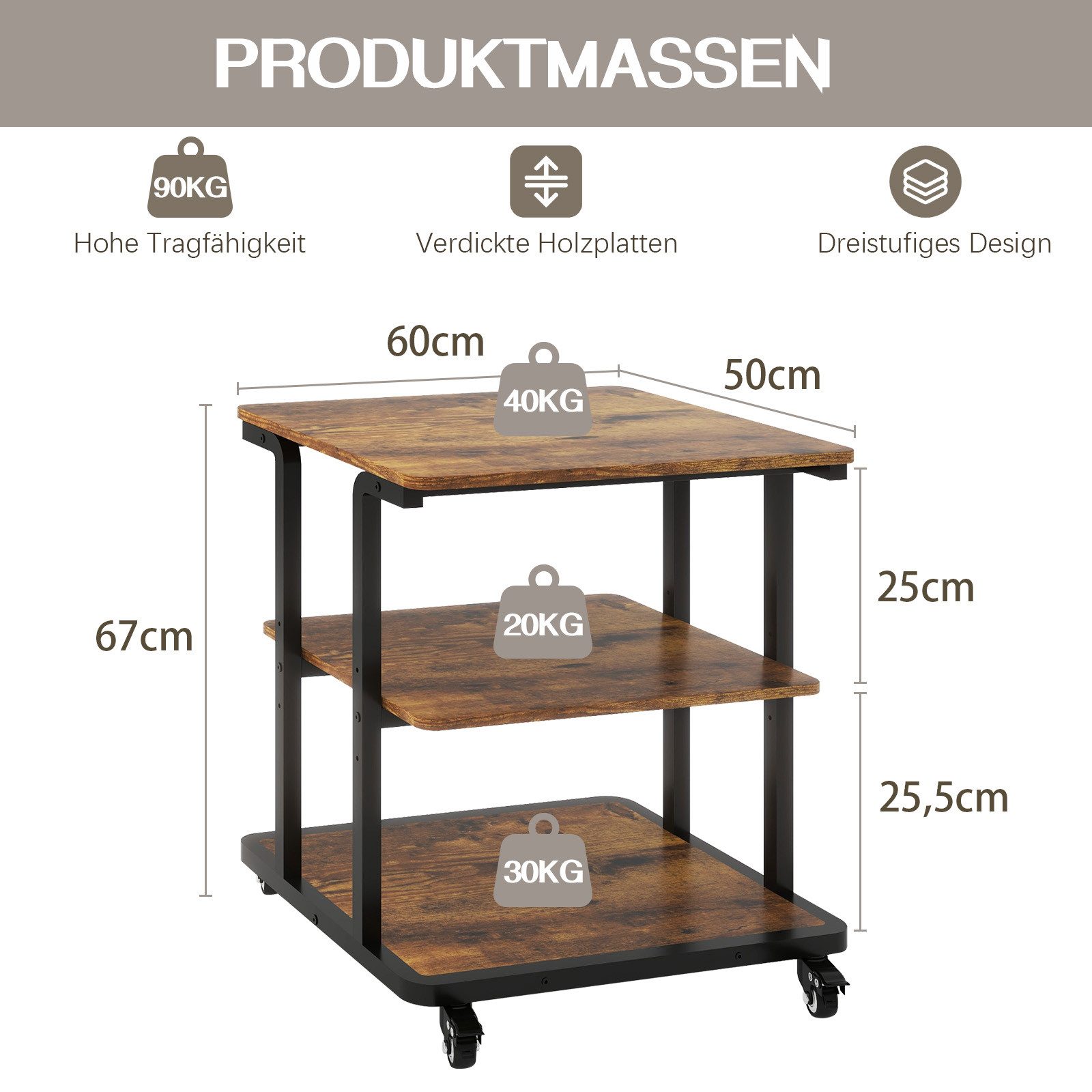 PUNCIA Druckertisch 3 Schichten 60x50cm Heim Büro mit Raddrucker Aufbewahru günstig online kaufen
