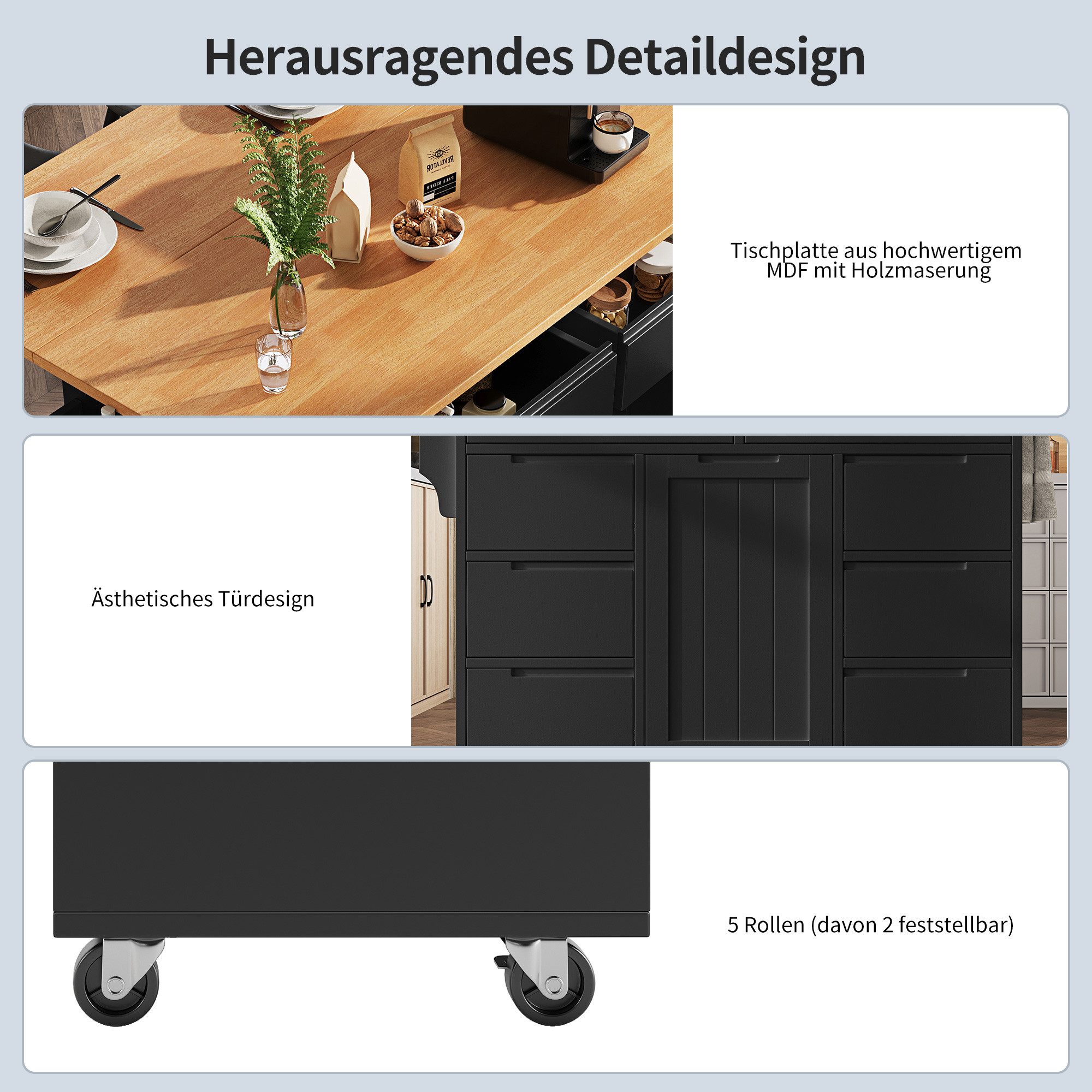 i@home Kücheninsel Moderne Kücheninsel mit Ausziehbarer Tischplatte, (mobile Küchenwagen mit 8 Schubladen, Rollen und Gewürzregal), 122x46x91.5 cm, ideal für Kü – Bild 5 von 5