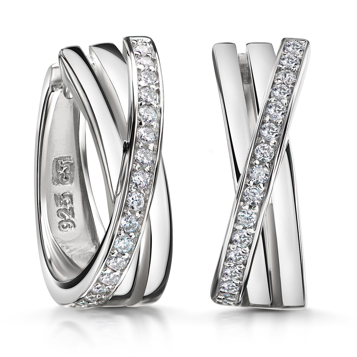 Materia Klappcreolen Zirkonia breit 16mm SO-442, aus 925 Sterling Silber, rhodiniert