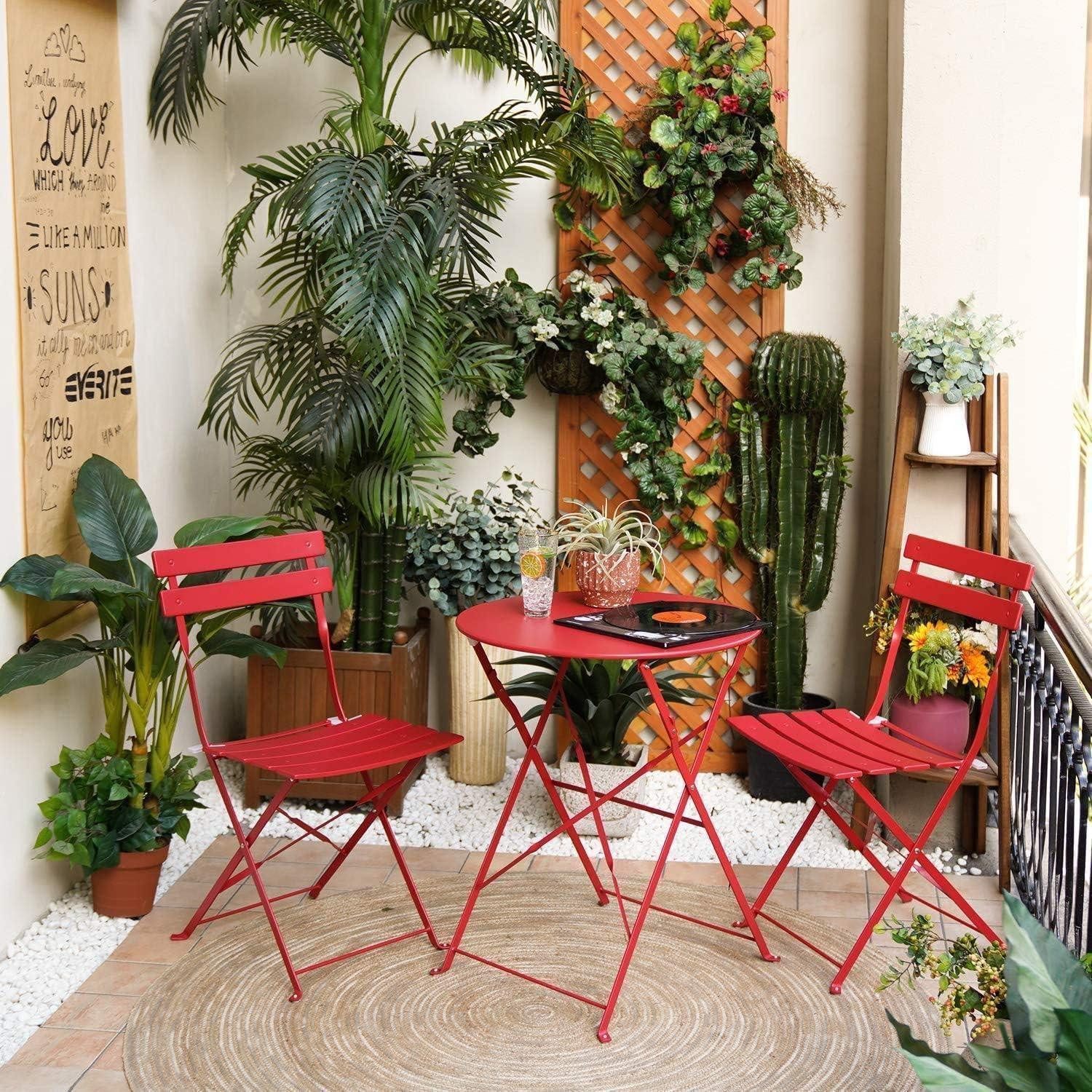 LuxusKollektion Balkonset Bistro Set 3 Stück Gartenmöbel Stahl Klappbar Balkonset Rot