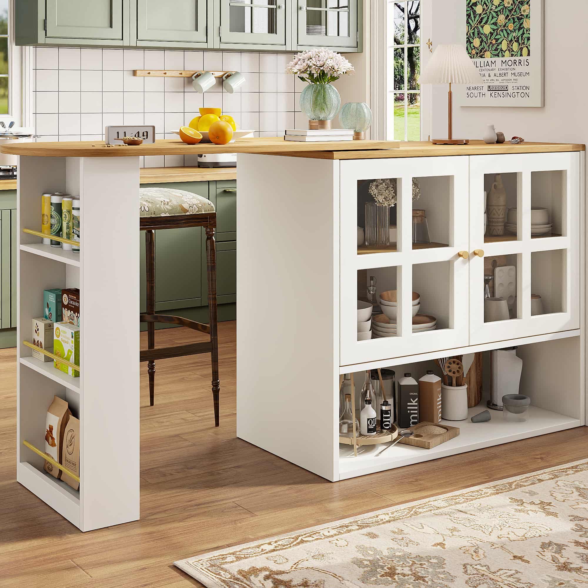 BBWL Sideboard 360° drehbare Essbar aus MDF mit Glasfronten, 5 Ablagen & Sideboard (Snackregal, verstellbare Trennwände, modernes Möbelstück für Wohnzimmer, Esszimmer & Schlafzimmer)