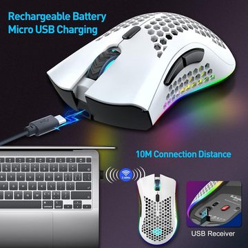 HYTIREBY Mausfüße Kabellose Gaming Maus mit Wabenschale für Laptop PC/Mac, 7 programmierte Tasten, 3 einstellbare DPI, USB-Empfänger, tragbare