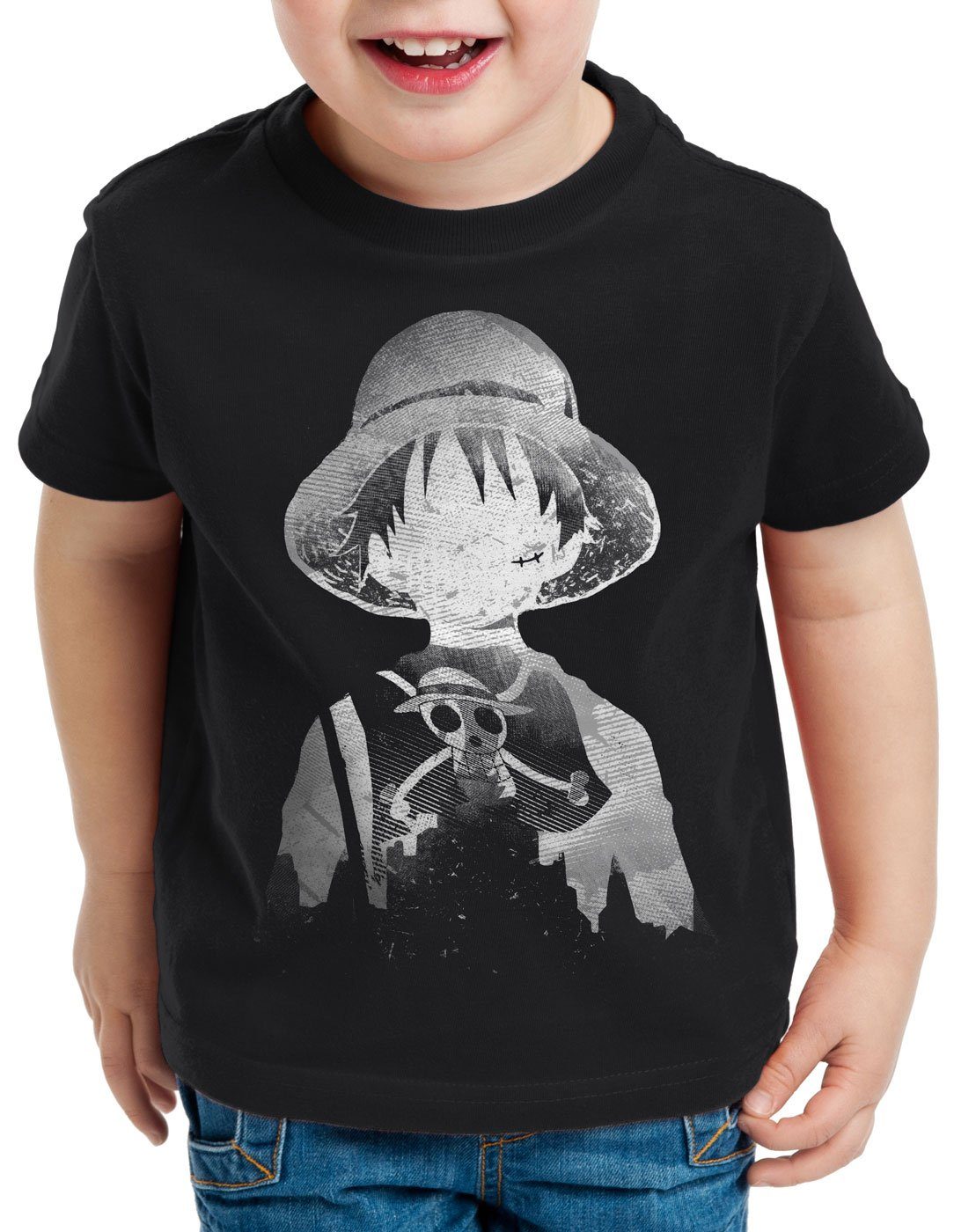 style3 Print-Shirt Kinder T-Shirt Ruffy Silhouette Strohhut piratenband Manga