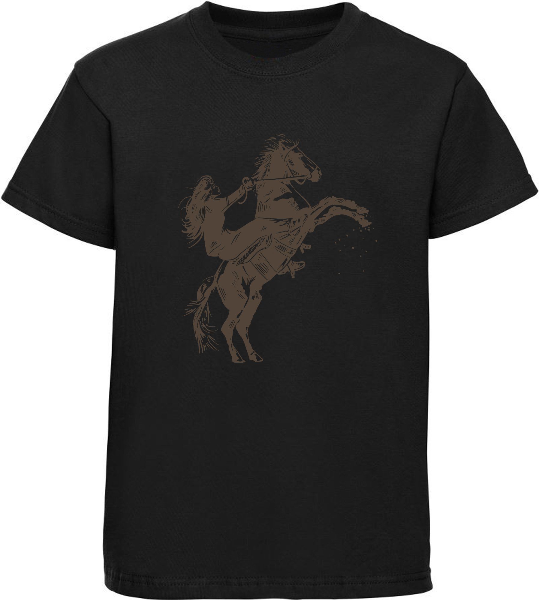 MyDesign24 T-Shirt Kinder Pferde Print Shirt bedruckt - Aufsteigendes Pferd mit Reiter Baumwollshirt mit Aufdruck, i252 schwarz