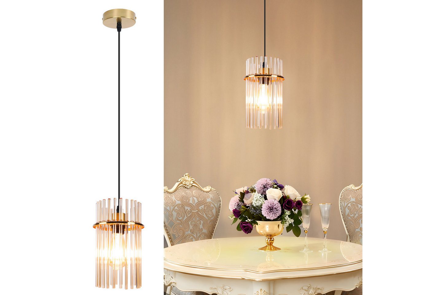 ZMH Pendelleuchte Glas, 1-flammige Esstischlampe E27, höhenverstellbare Hängeleuchte, ohne Leuchtmittel, für Esszimmer, Küche und Schlafzimmer