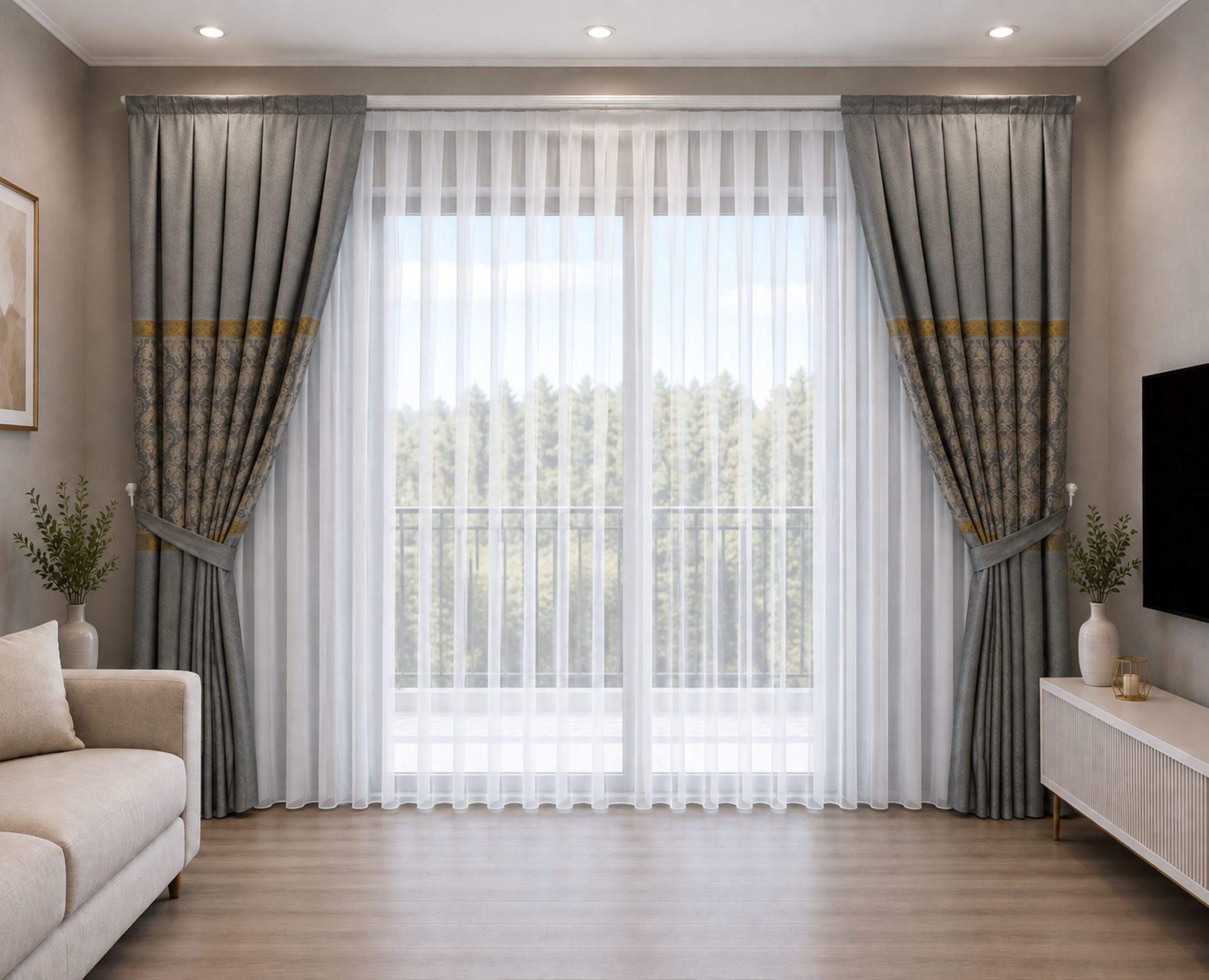 Gardinen by Justyna Vorhang Komplett-Set Vorhang Grau – Falten mit Store (5 St), Kräuselband, Fertiggardine, Halbtransparent, Faltenband, Komplett-Set, Pflegeleicht