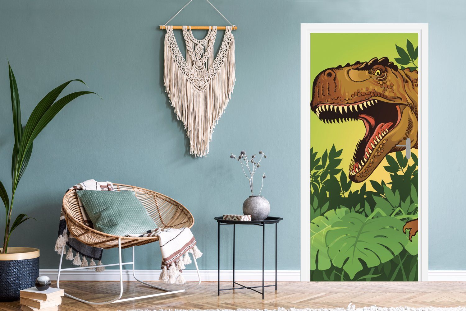Dinosaurier Tür, Illustration - - für 75x205 Kinder - MuchoWow cm - Fototapete Baby - Braun St), Türaufkleber, Türtapete bedruckt, Pflanzen (1 Matt, Junge, -