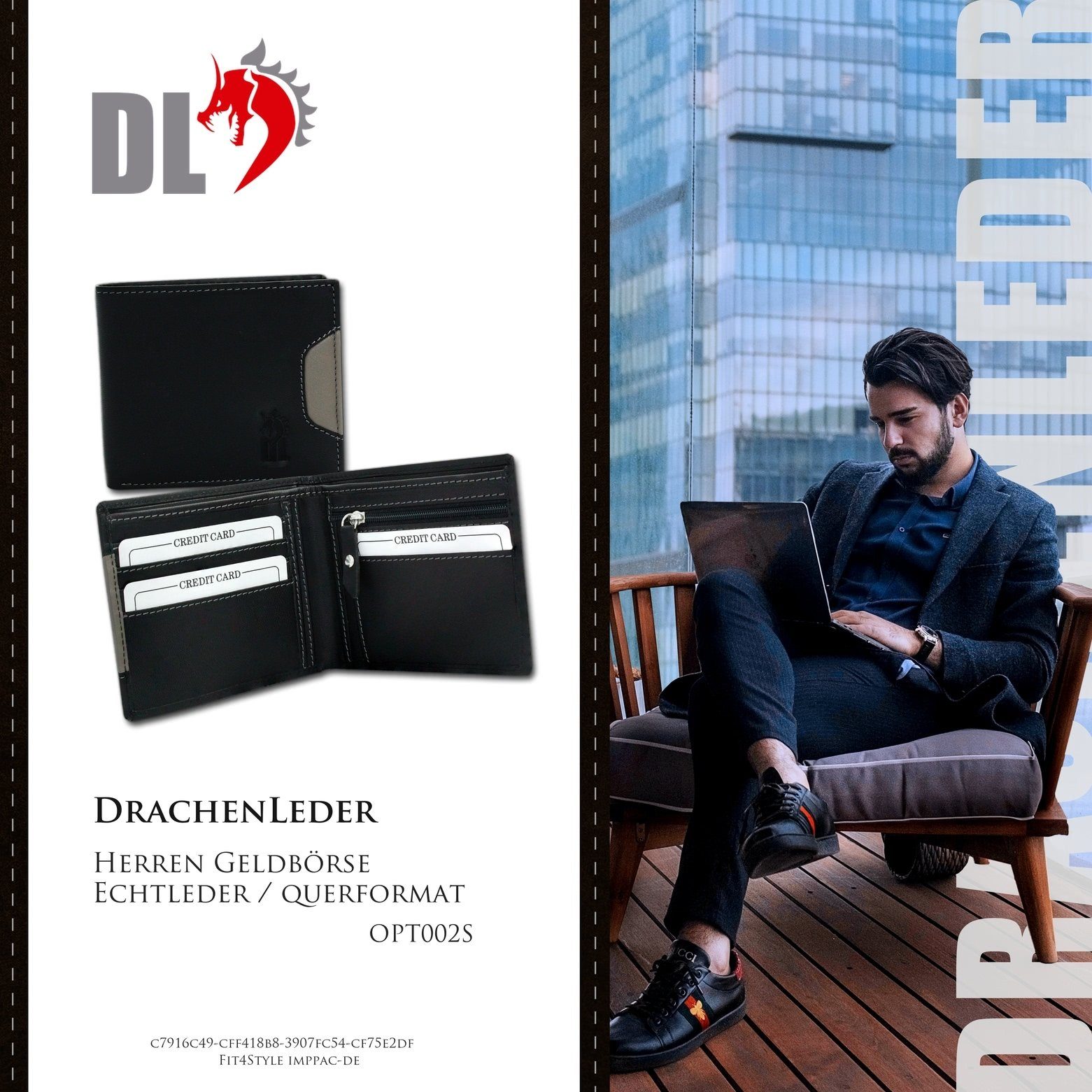 DrachenLeder Geldbörse DrachenLeder Herren Portemonnaie Börse (Portemonnaie, Portemonnaie), Herren Geldbörse Echtleder Größe ca. 11,5cm, schwarz, grau, Serie Ben