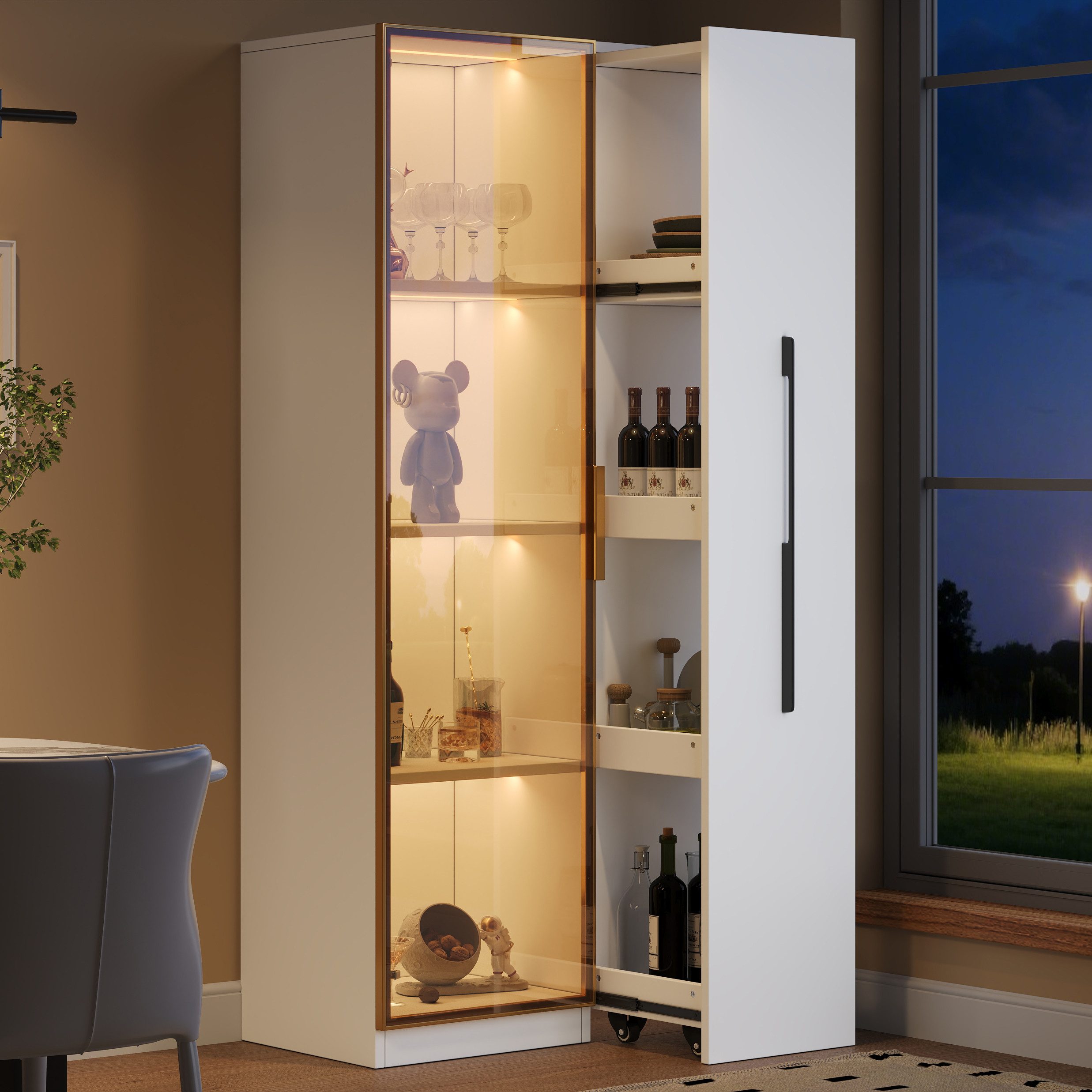 Merax Glasvitrine Vitrine, Auszugsschrank, (1-St., Vitrinenschrank mit LED, Zwei Türen, 70x40x160cm) Bücherregal, Hochschrank mit Regal