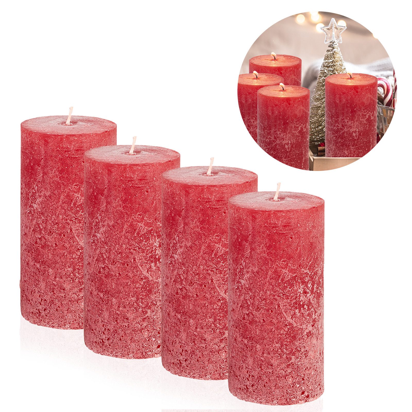 Candelo Stumpenkerze 4er Set Kerze Rustic Stumpenkerze - Rot - 12cm - Brenn günstig online kaufen