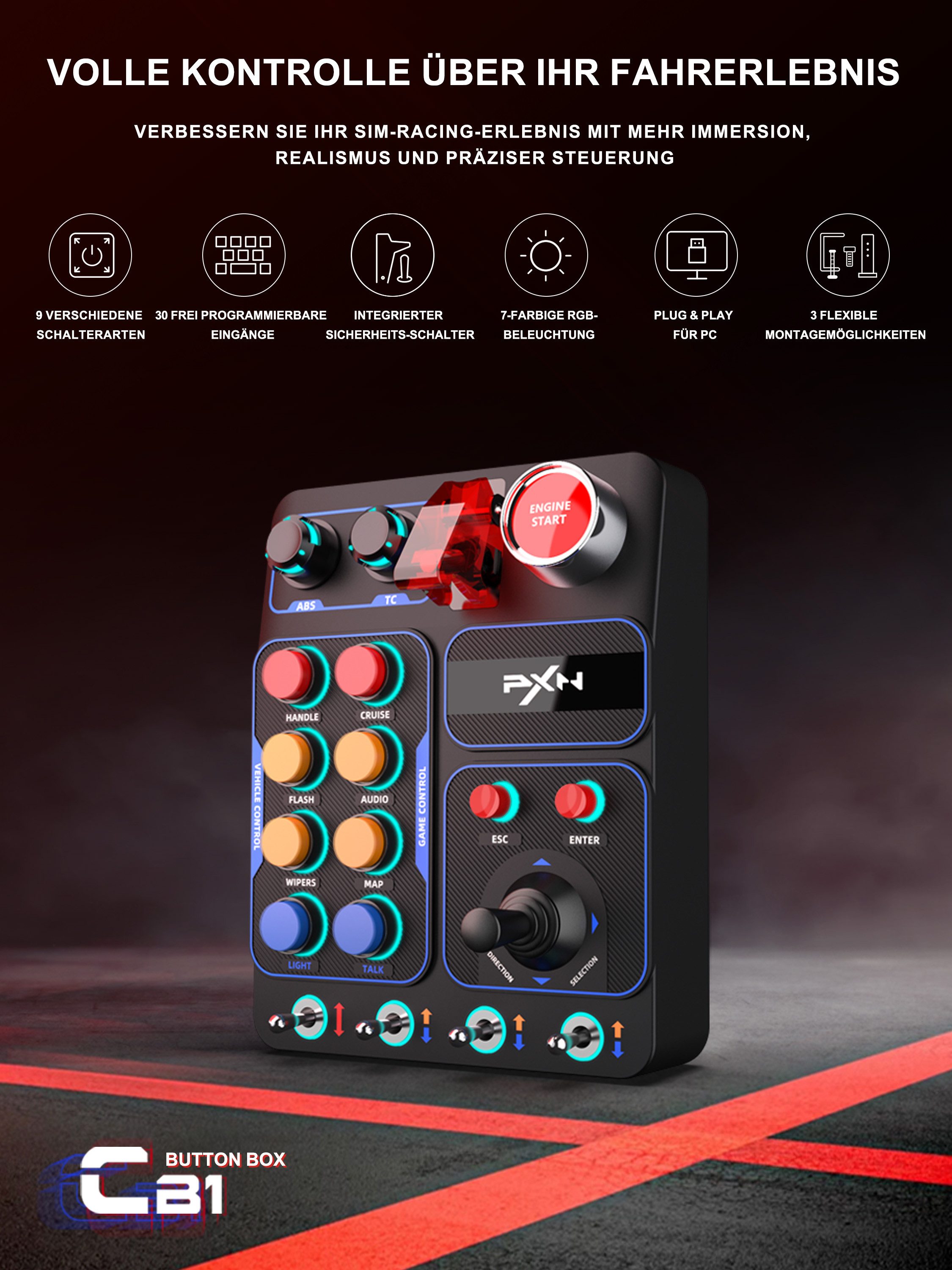 PXN CB1 Sim-Racing-Bedienpanel mit 30 Tasten und RGB-Beleuchtung Gaming-Controller (1 St., Für Renn-, Lkw-, Flug- und Landwirtschaftssimulationen am PC)