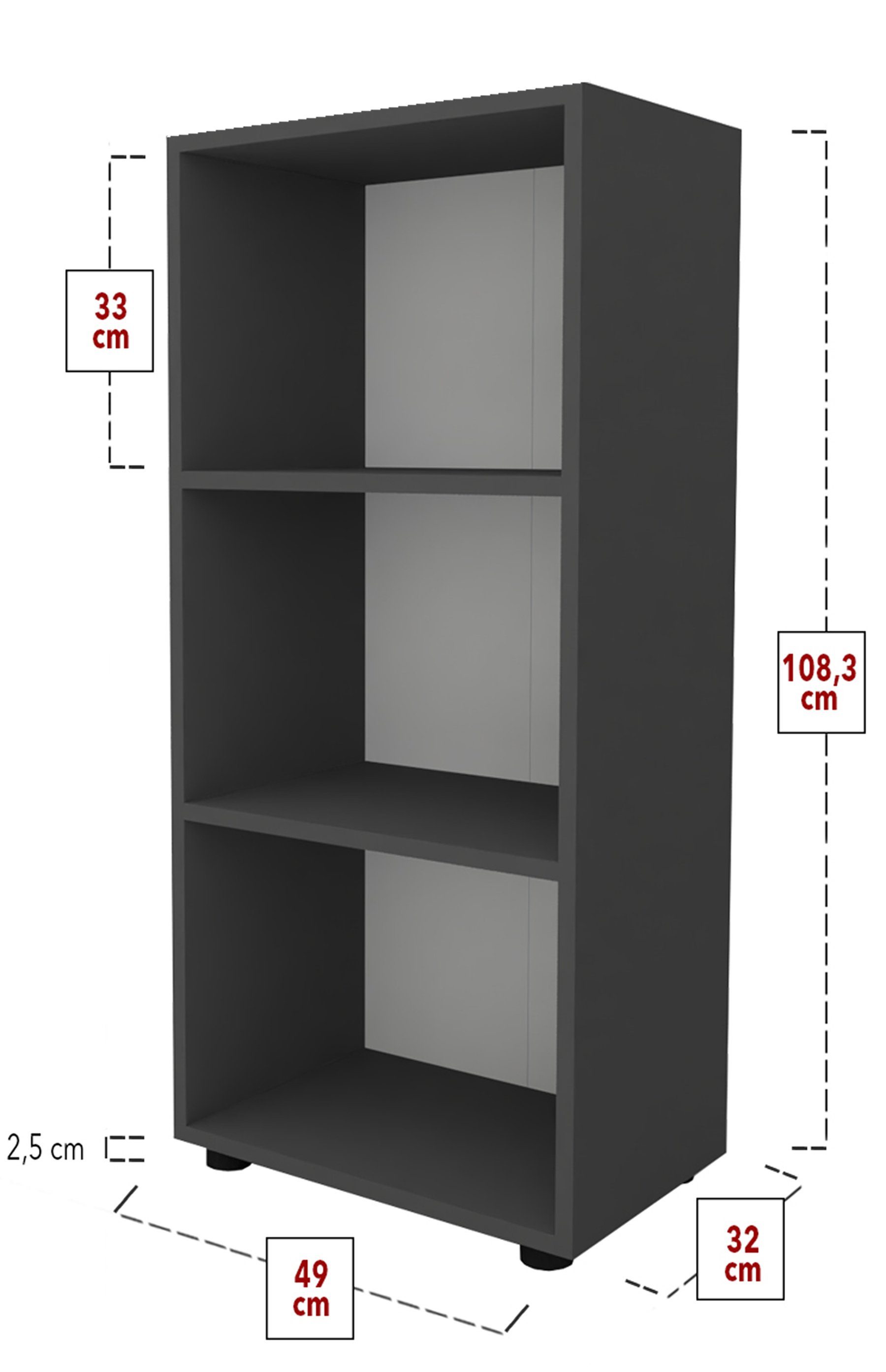 VCM Standregal Ulas B. 49 x T. 32 x H. 108 cm, Offener Stauraum für Ordner, Akten und Bücher, 3 Fächer, Holzwerkstoff – Bild 4 von 4