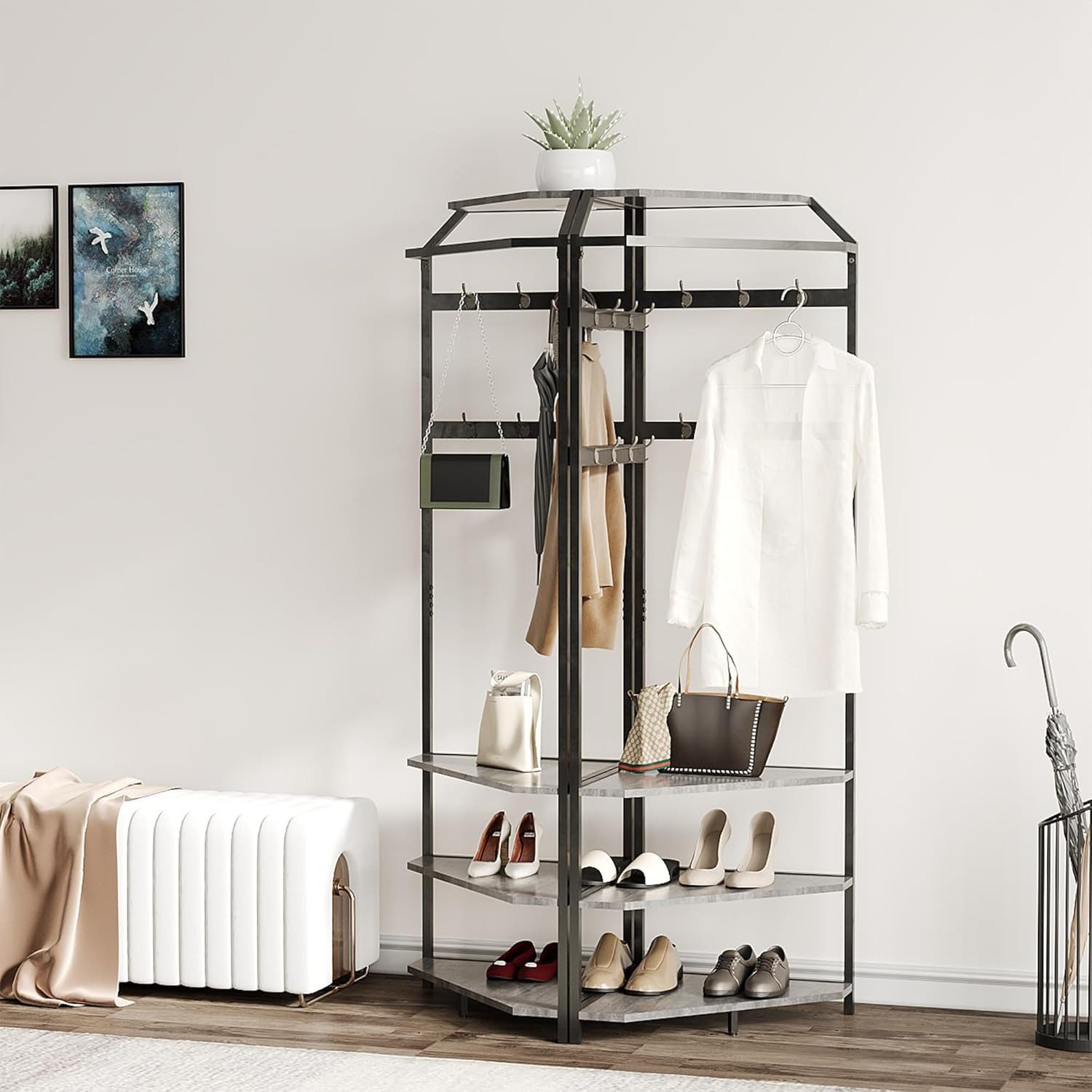 GarveeMore Mehrfach-Kleiderbügel Garderobenständer, Metall-Eckgarderobe Flurbaum – Bild 5 von 5