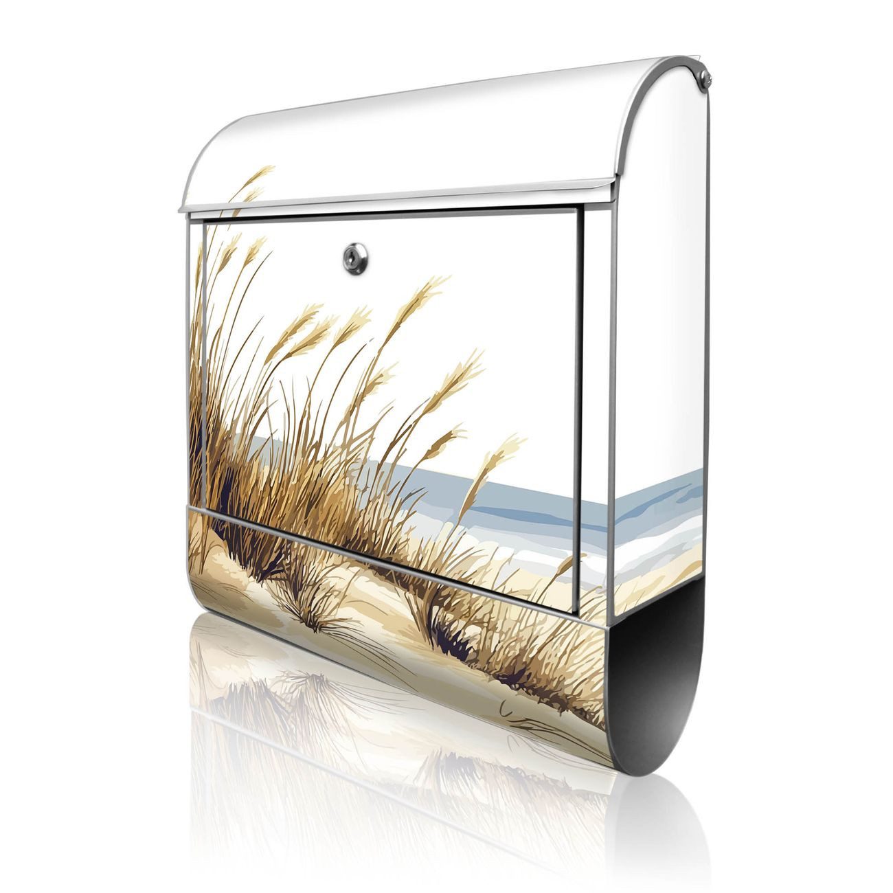 banjado Wandbriefkasten Silber Stahl mit Motiv Dünenlandschaft am Meer (Wandbriefkasten witterungsbeständig, pulverbeschichtet, mit Zeitungsfach), 47 x 39 x 14 cm