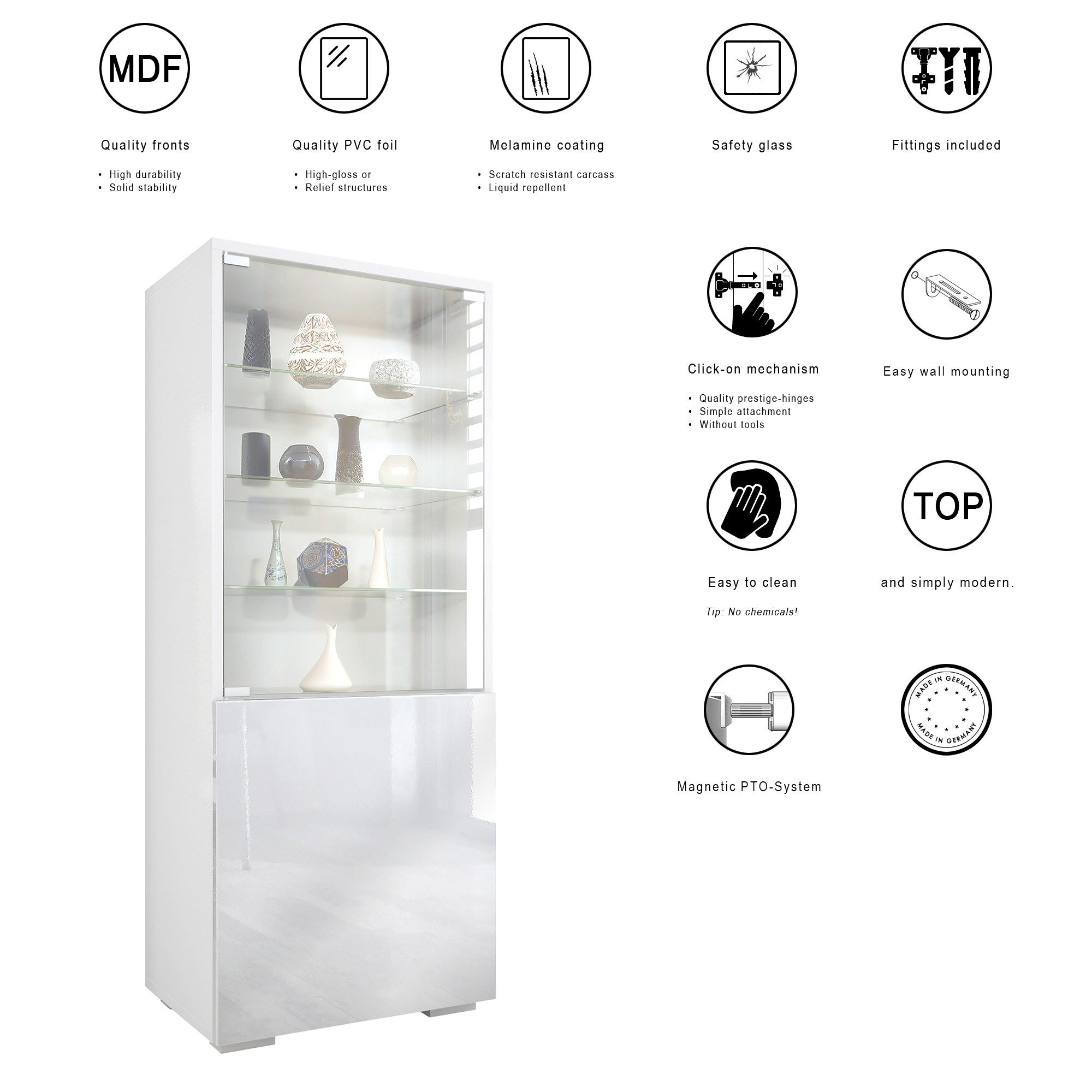 Vladon Standvitrine Granada (Vitrinenschrank, mit Glastür und Glaseinsatz) Weiß matt/Eiche Nordic (50 x 122,5 x 34,5 cm)