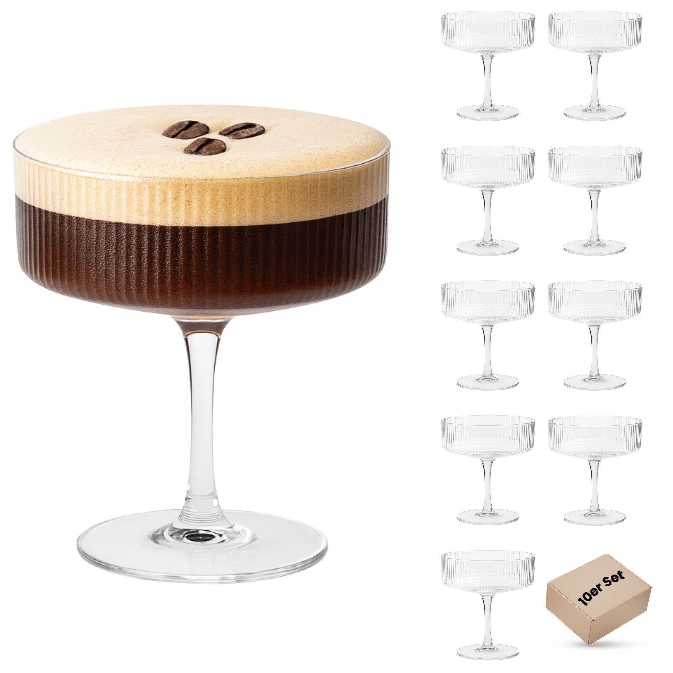 DAL CERO Martiniglas Cocktailglas – Elegantes geripptes Glas für Cocktails & Desserts, 10-tlg., 1-12er Set in 2 Größen