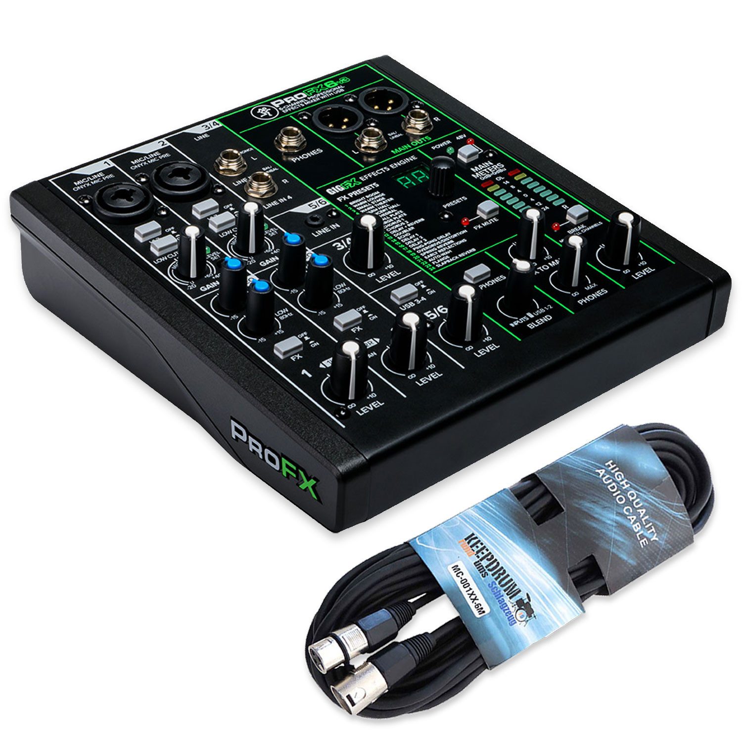 MACKIE Mackie Mischpult ProFX6v3 6-kanaliger Analogmixer mit Kabel Digitales Aufnahmegerät (Vorteils-Set mit XLR Kabel)